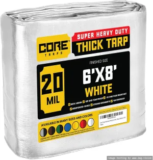 Core Tarps Extreme Heavy Duty 20 Mil Tarp Cover, Waterproof, UV Resistant, Rip and Tear Proof, Poly Tarpaulin with Reinforced Edges for Roof, Camping, Patio, Pool, Boat (White 6′ X 8′)
