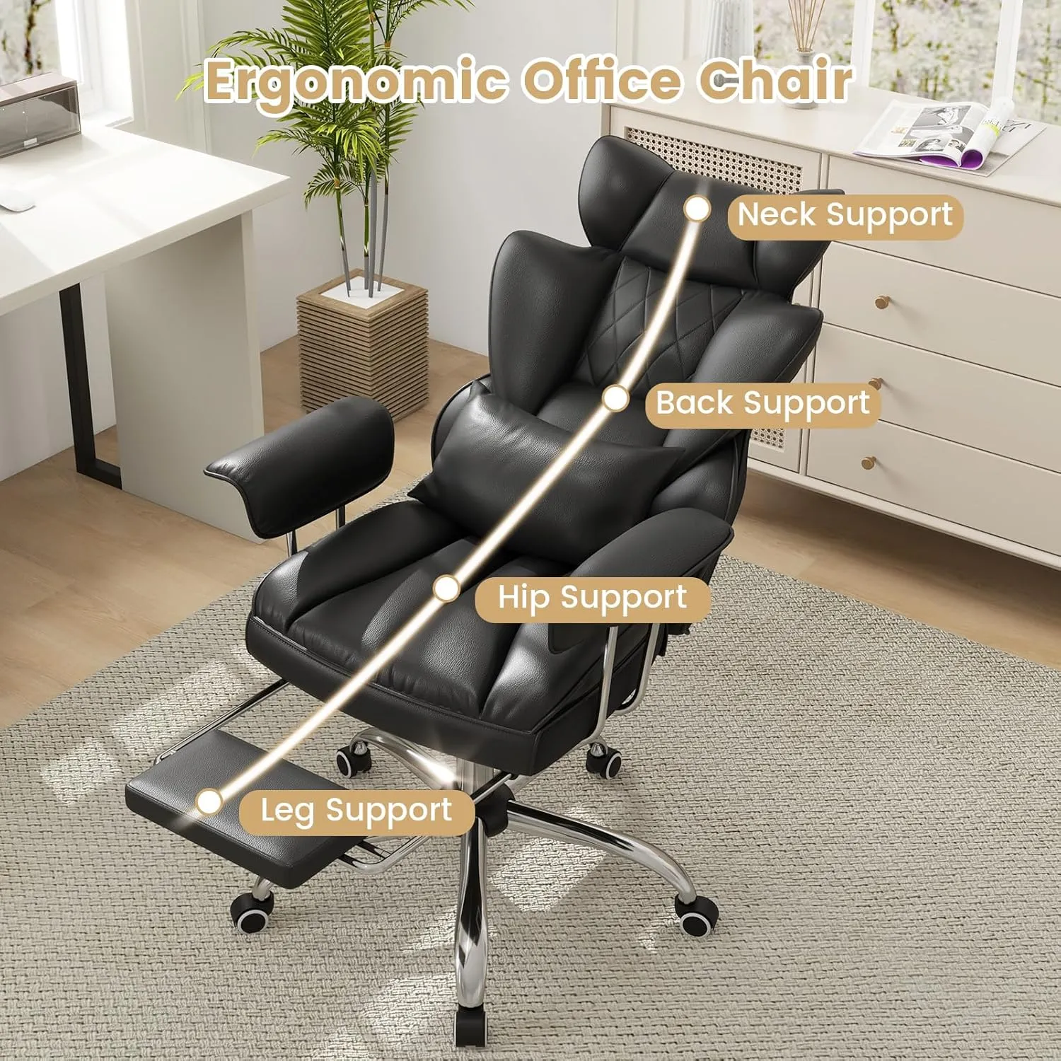 COSTWAY 400 LBS Big and Tall Office Chair, PU Leather Executive Desk Chair w/Retractable Footrest, Reclining Function, Lumbar Support, Ergonomic High Back Home Computer Task Chair (Black)