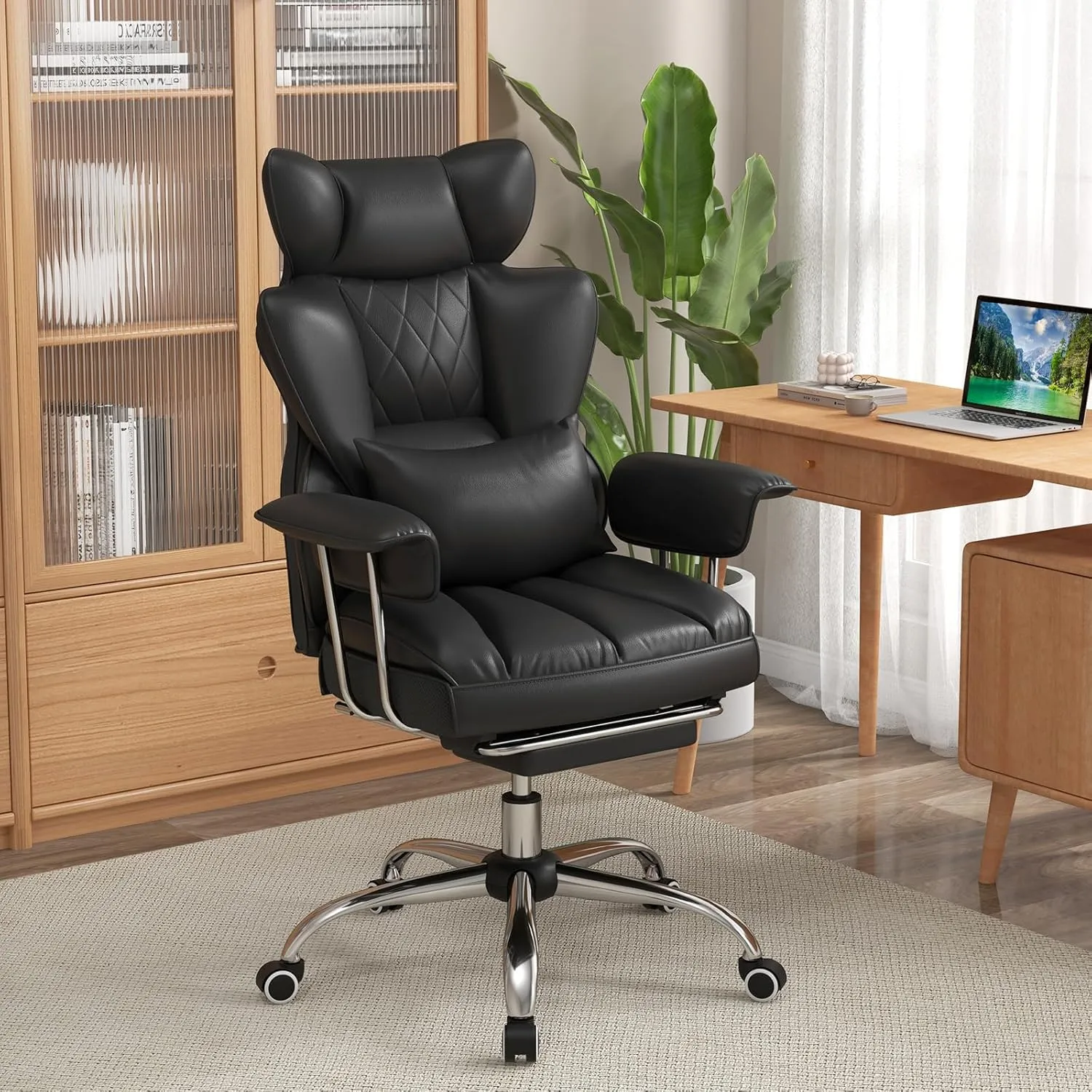 COSTWAY 400 LBS Big and Tall Office Chair, PU Leather Executive Desk Chair w/Retractable Footrest, Reclining Function, Lumbar Support, Ergonomic High Back Home Computer Task Chair (Black)