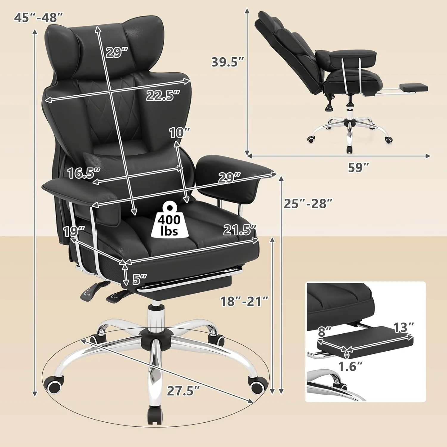 COSTWAY 400 LBS Big and Tall Office Chair, PU Leather Executive Desk Chair w/Retractable Footrest, Reclining Function, Lumbar Support, Ergonomic High Back Home Computer Task Chair (Black)