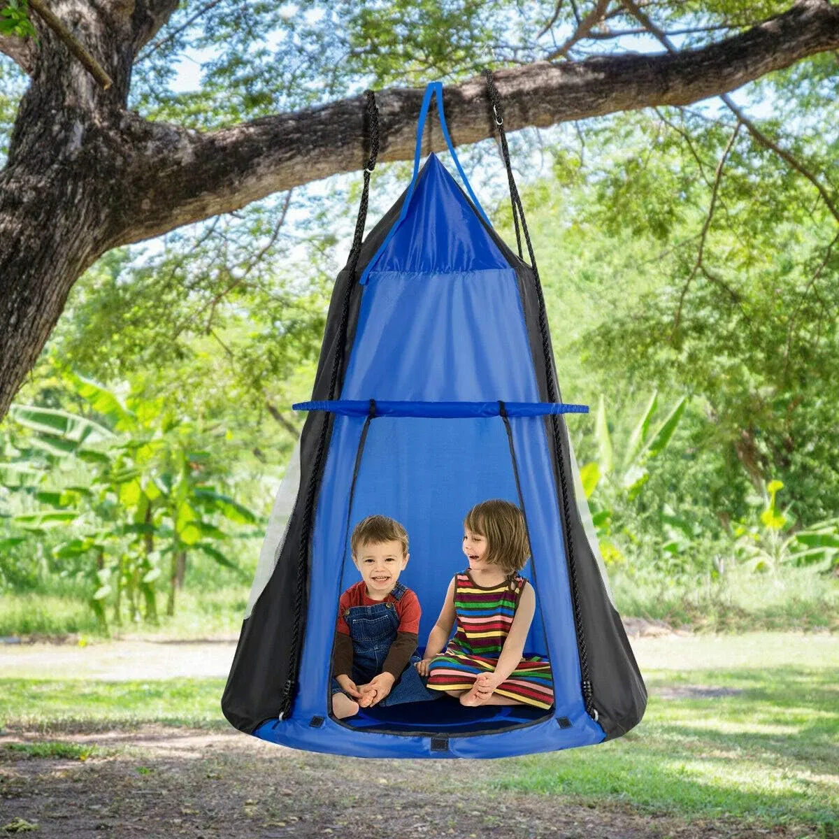 Costzon 2 in 1 Kids Detachable Hanging Chair Swing Tent Set, Hammock Nest Pod Hanging Swing Seat for Boys/Girls, Children Outdoor Indoor Swing Play House with Play Tent, Max Capacity 330 LBS (Blue)