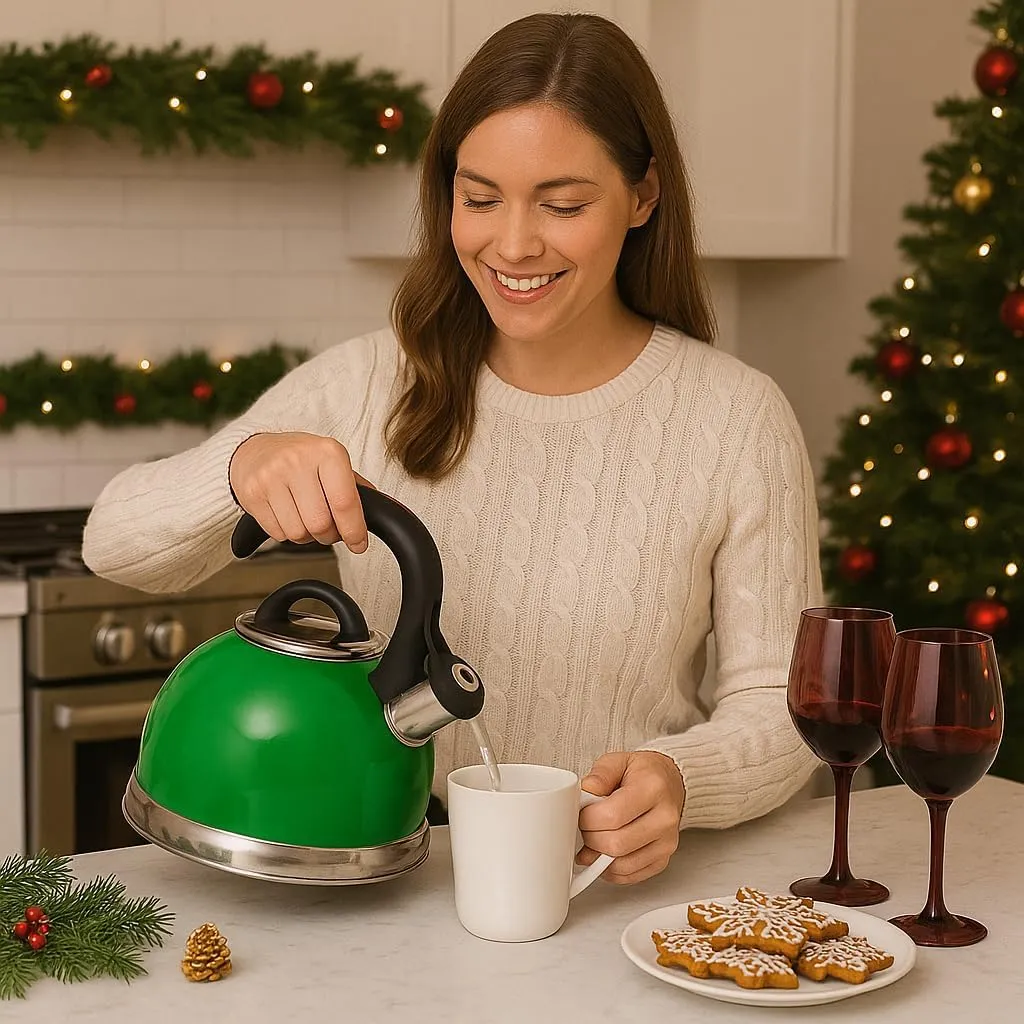 Creative Home Symphony Green Over Stainless Steel Body Whistling Tea Kettle with Capsulated Bottom, 2.6-Quart