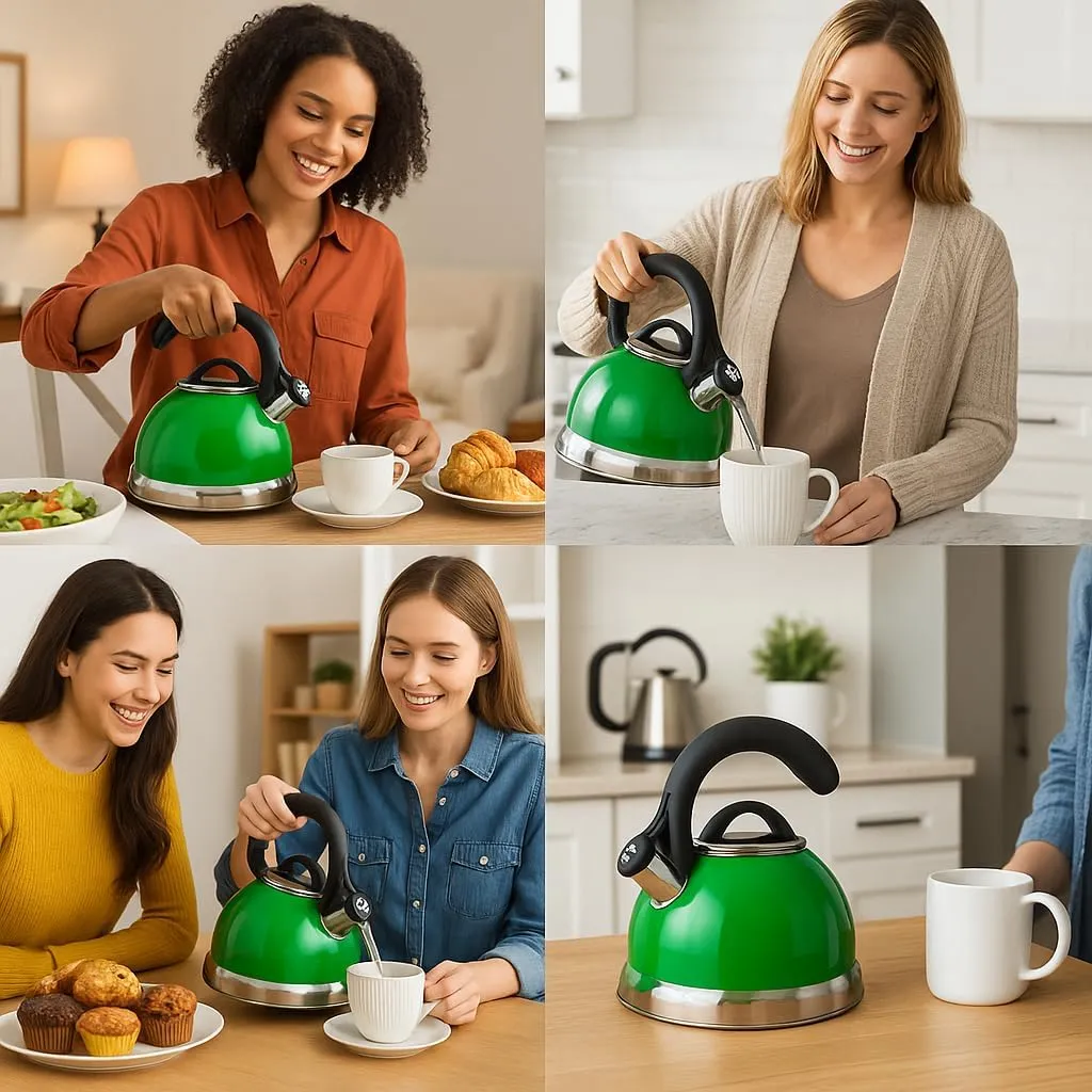 Creative Home Symphony Green Over Stainless Steel Body Whistling Tea Kettle with Capsulated Bottom, 2.6-Quart