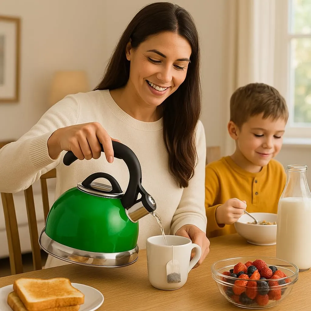Creative Home Symphony Green Over Stainless Steel Body Whistling Tea Kettle with Capsulated Bottom, 2.6-Quart