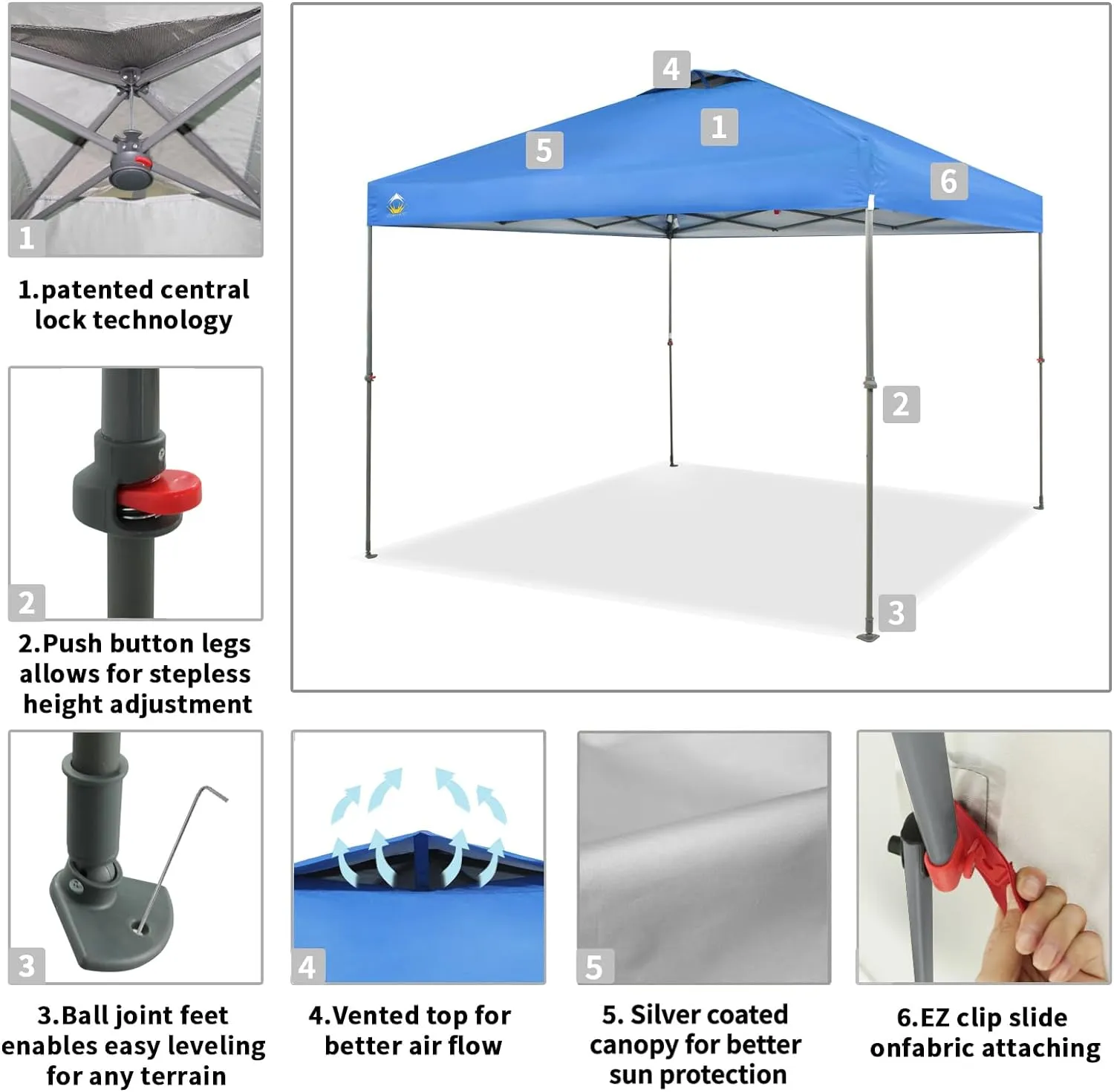 CROWN SHADES 10x10 Canopy Tent, Pop Up Beach Tent for Outdoor Shades with Wheeled Bag, 8 Stakes, 4 Ropes, Outdoor Canopy, Blue