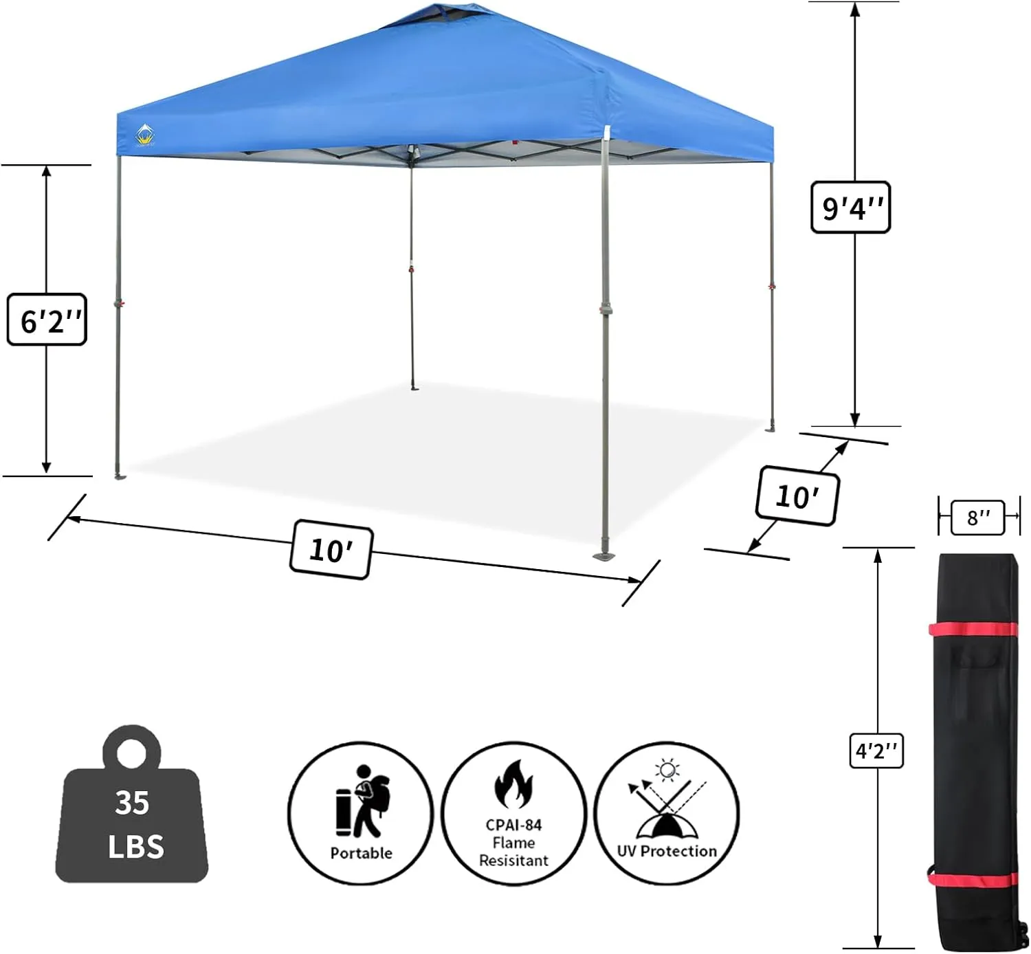 CROWN SHADES 10x10 Canopy Tent, Pop Up Beach Tent for Outdoor Shades with Wheeled Bag, 8 Stakes, 4 Ropes, Outdoor Canopy, Blue