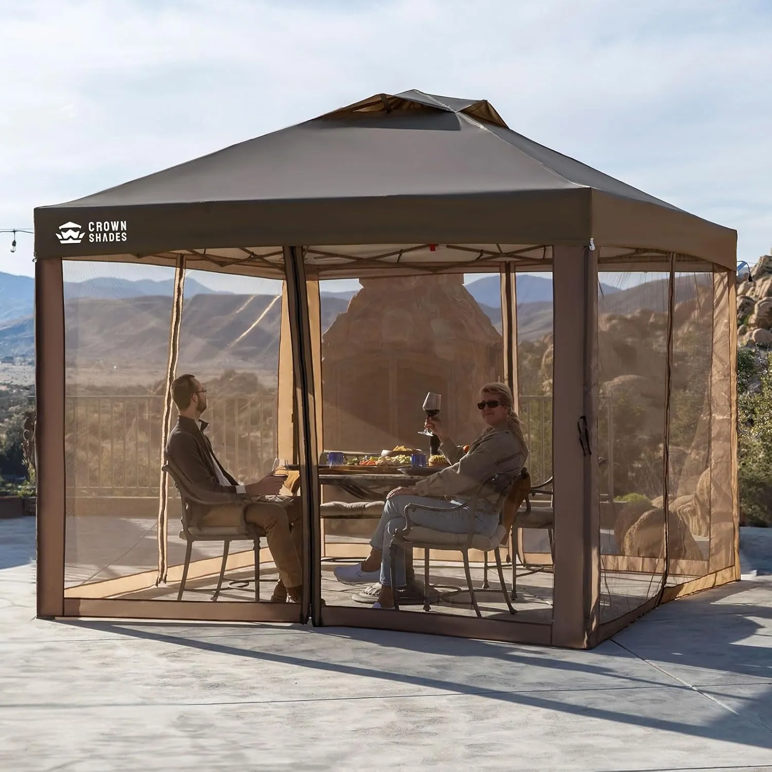 CROWN SHADES 10x10 Pop up Canopy Tent, Pop Up Gazebo with Mosquito Netting, 4 Ropes, 8 Stakes, 4 Sandbags, Wheeled Storage Bag, 10x10 Outdoor Canopy for Patio, Yard (Coffee)