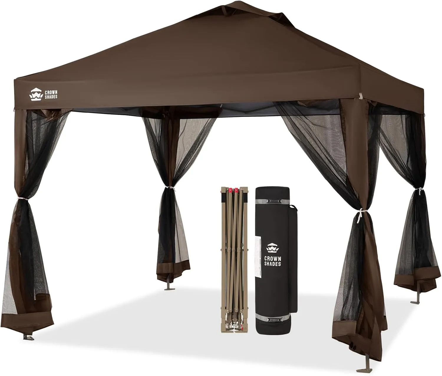 CROWN SHADES 10x10 Pop up Canopy Tent, Pop Up Gazebo with Mosquito Netting, 4 Ropes, 8 Stakes, 4 Sandbags, Wheeled Storage Bag, 10x10 Outdoor Canopy for Patio, Yard (Coffee)