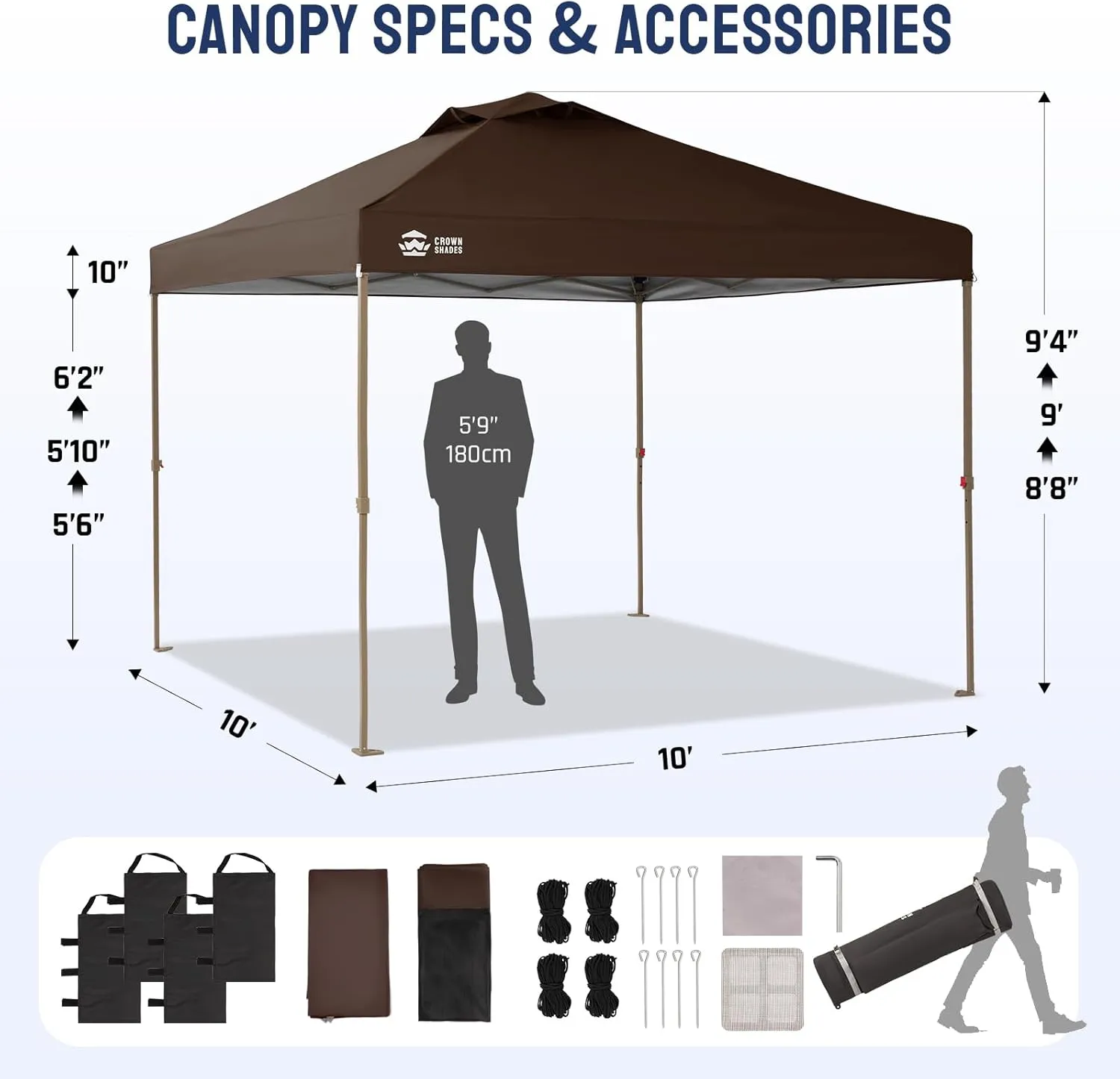 CROWN SHADES 10x10 Pop up Canopy Tent, Pop Up Gazebo with Mosquito Netting, 4 Ropes, 8 Stakes, 4 Sandbags, Wheeled Storage Bag, 10x10 Outdoor Canopy for Patio, Yard (Coffee)