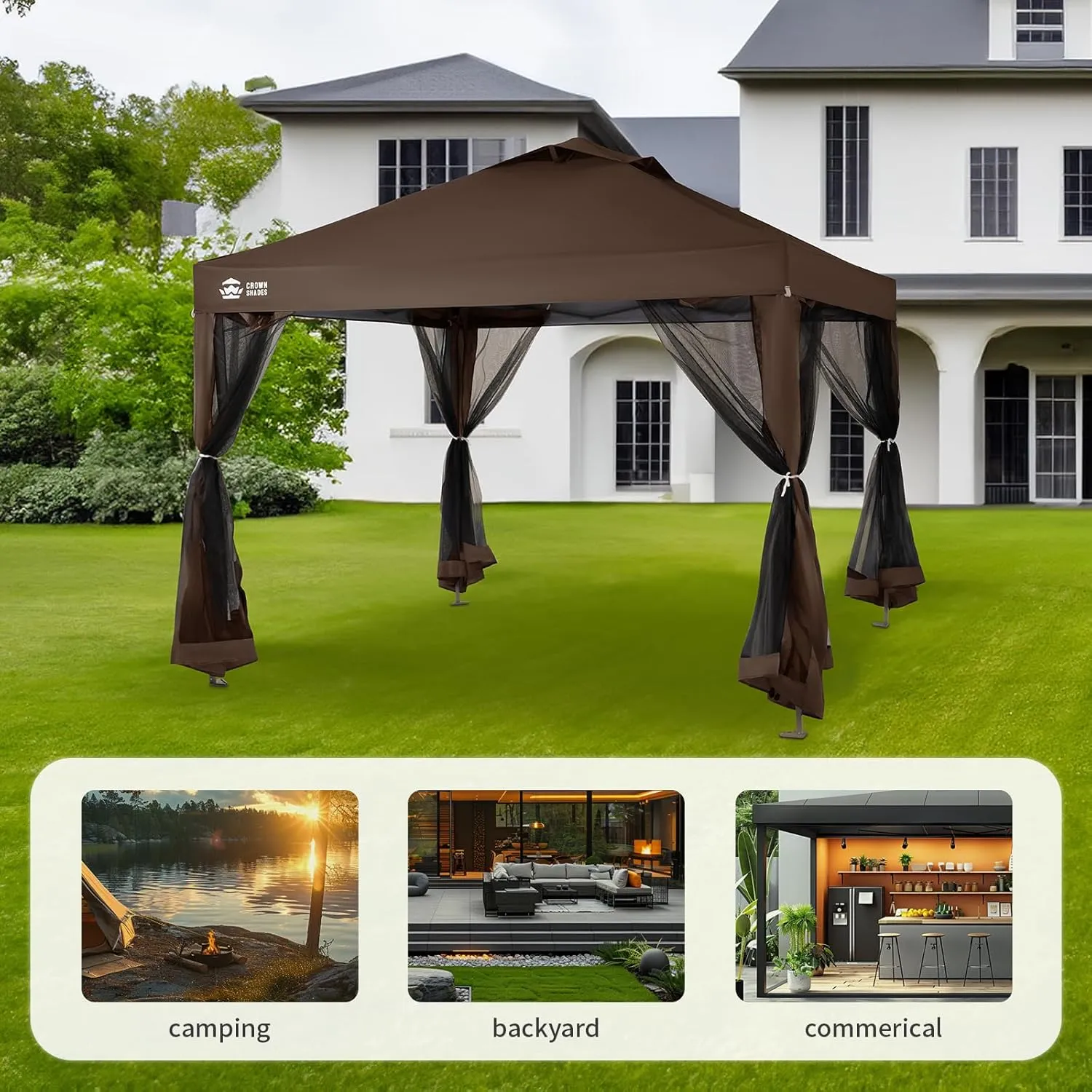 CROWN SHADES 10x10 Pop up Canopy Tent, Pop Up Gazebo with Mosquito Netting, 4 Ropes, 8 Stakes, 4 Sandbags, Wheeled Storage Bag, 10x10 Outdoor Canopy for Patio, Yard (Coffee)