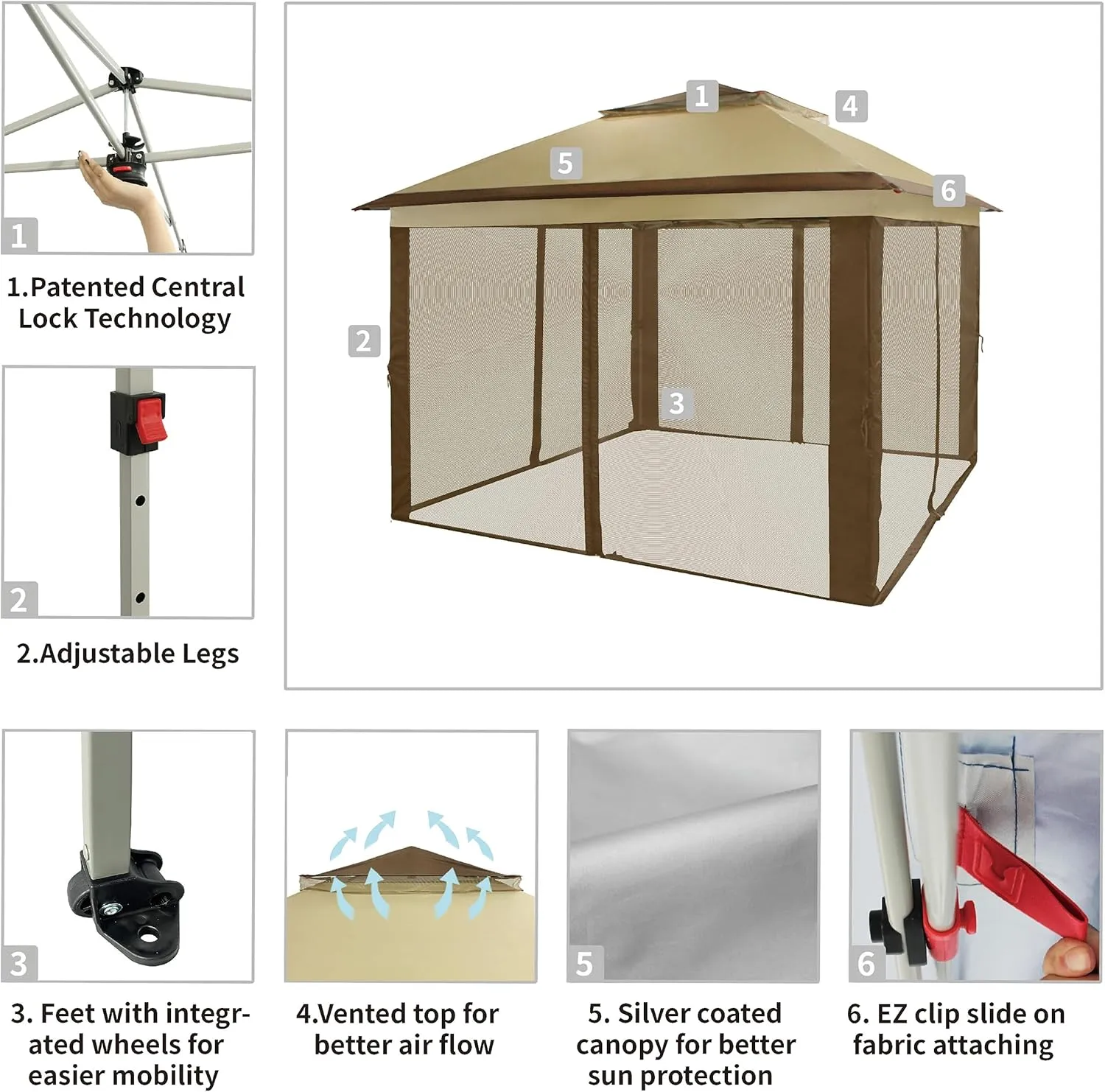 CROWN SHADES 11x11 Pop Up Gazebo, Patented One Push Outoor Canopy Tent with Wheeled STO-N-Go Cover Bag, Pop Up Canopy with Netting for Patio, Backyard (11x11, Beige & Coffee)