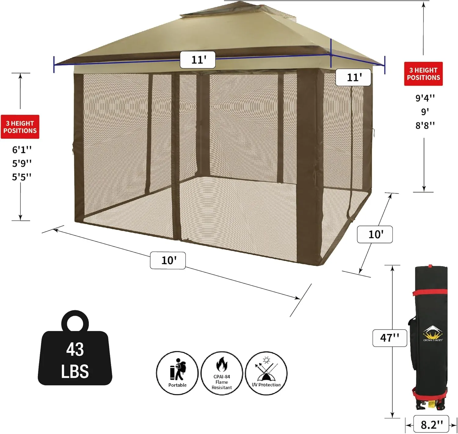 CROWN SHADES 11x11 Pop Up Gazebo, Patented One Push Outoor Canopy Tent with Wheeled STO-N-Go Cover Bag, Pop Up Canopy with Netting for Patio, Backyard (11x11, Beige & Coffee)