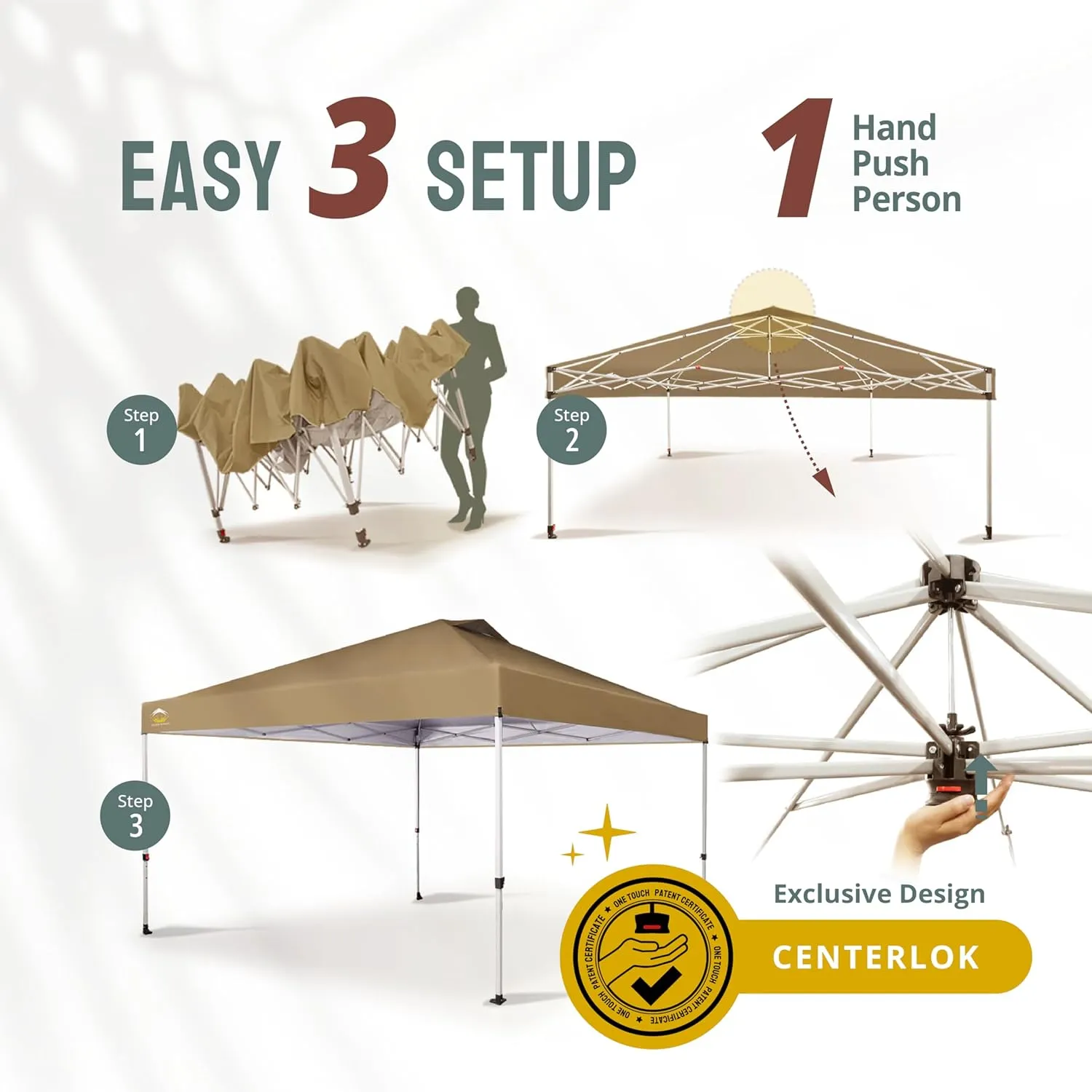 CROWN SHADES 12x12 Pop Up Canopy Outside Canopy, Patented One Push Tent Canopy with Wheeled Carry Bag, Bonus 8 Stakes and 4 Ropes, Beige