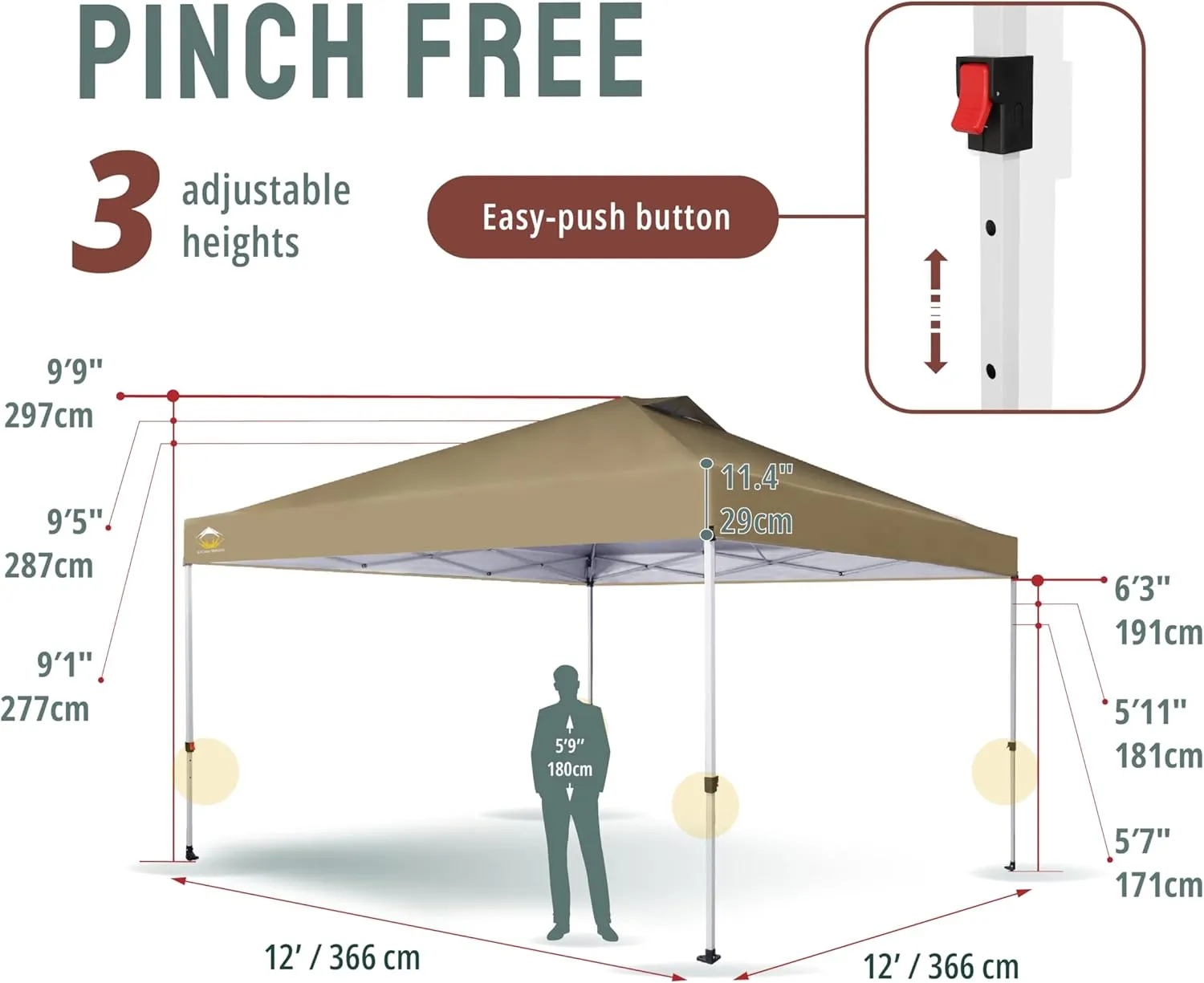 CROWN SHADES 12x12 Pop Up Canopy Outside Canopy, Patented One Push Tent Canopy with Wheeled Carry Bag, Bonus 8 Stakes and 4 Ropes, Beige