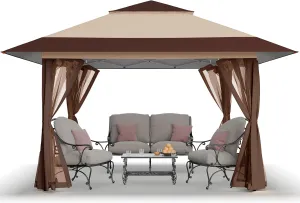 CROWN SHADES 13x13 Pop Up Gazebo, Canopy Tent, Gazebos on Clearance - Outdoor Gazebo for Backyard & Patio Furniture - Carpa Pop Up Tent with Wheeled STO-N-Go Cover Bag (Beige & Coffee)