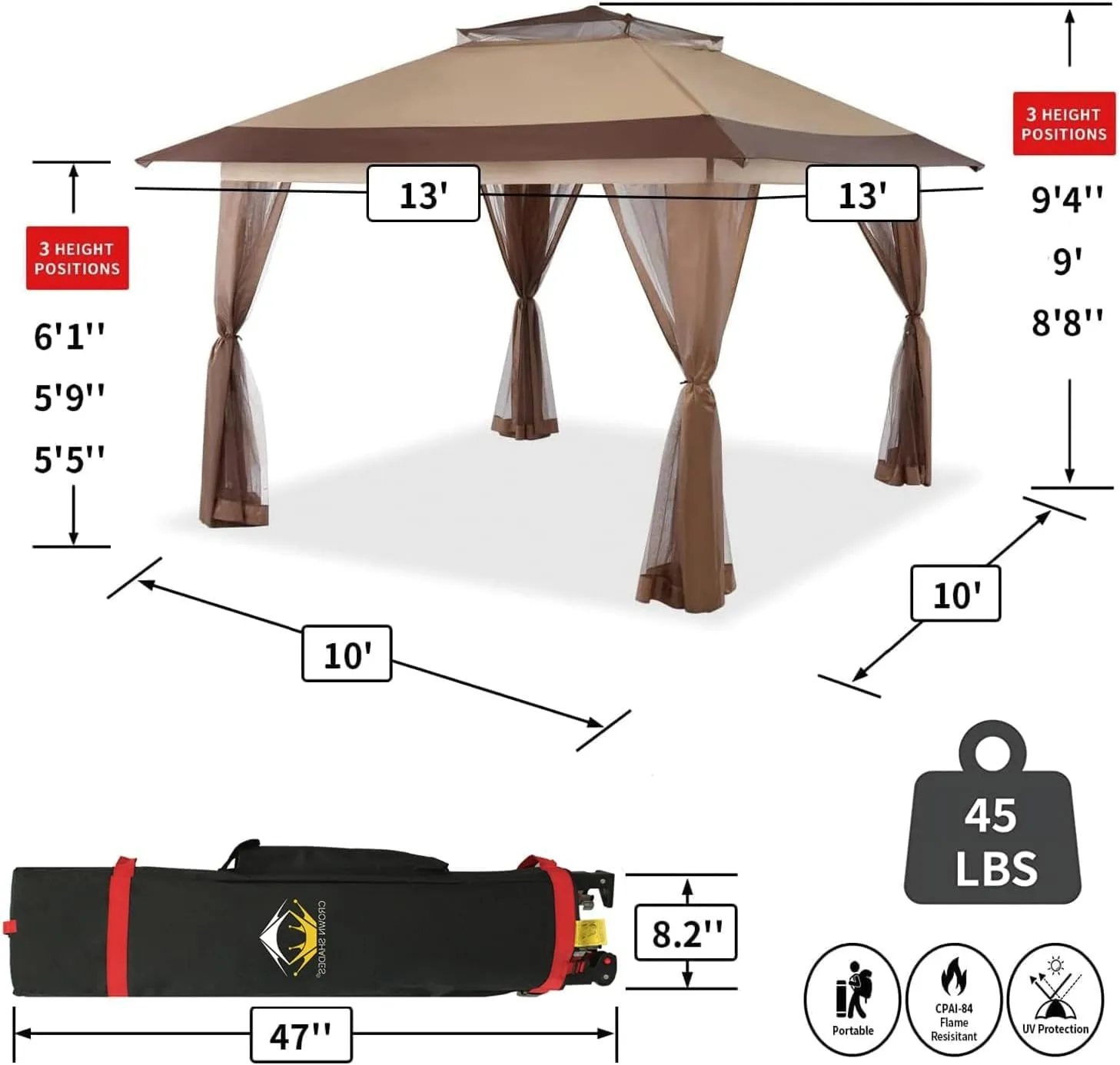 CROWN SHADES 13x13 Pop Up Gazebo, Canopy Tent, Gazebos on Clearance - Outdoor Gazebo for Backyard & Patio Furniture - Carpa Pop Up Tent with Wheeled STO-N-Go Cover Bag (Beige & Coffee)
