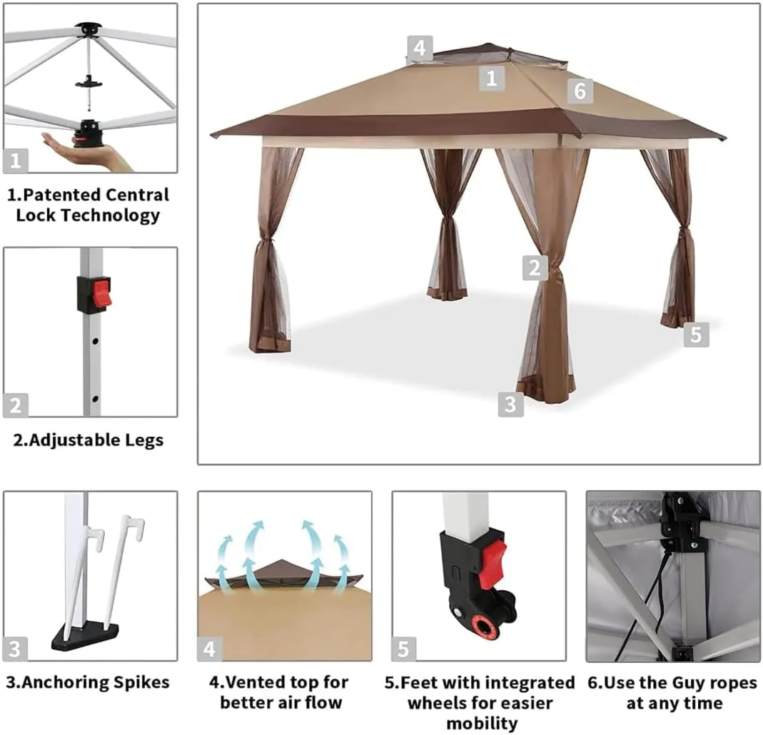 CROWN SHADES 13x13 Pop Up Gazebo, Canopy Tent, Gazebos on Clearance - Outdoor Gazebo for Backyard & Patio Furniture - Carpa Pop Up Tent with Wheeled STO-N-Go Cover Bag (Beige & Coffee)