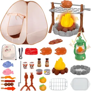 deAO Kids Camping Play Tent,Pop Up Play Tent Toy Set with Camping Tools,Play Food for Boys Girls Pretend Play Set for Toddler 3  Year Old, Kids Indoor Outdoor Game