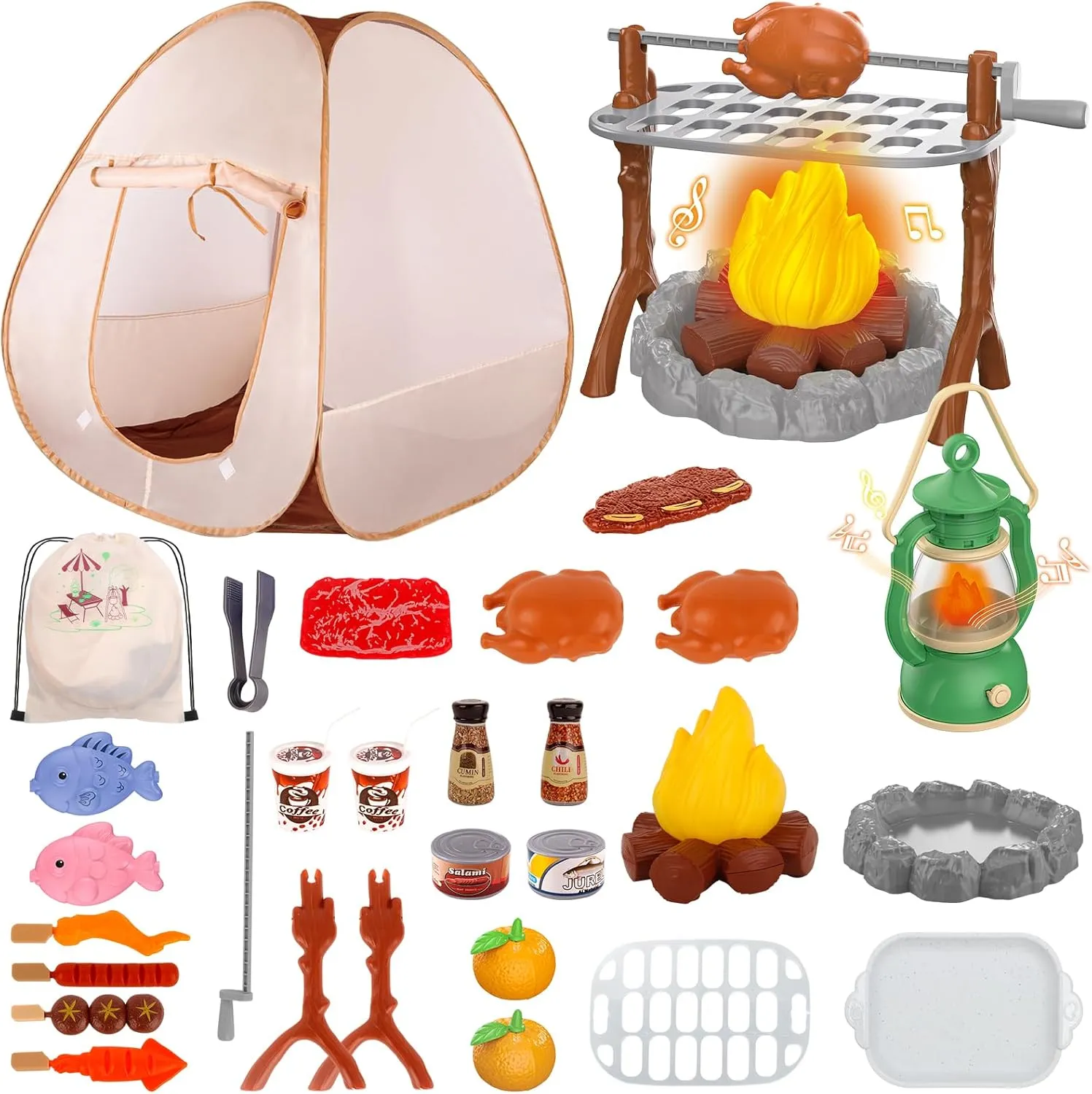 deAO Kids Camping Play Tent,Pop Up Play Tent Toy Set with Camping Tools,Play Food for Boys Girls Pretend Play Set for Toddler 3  Year Old, Kids Indoor Outdoor Game