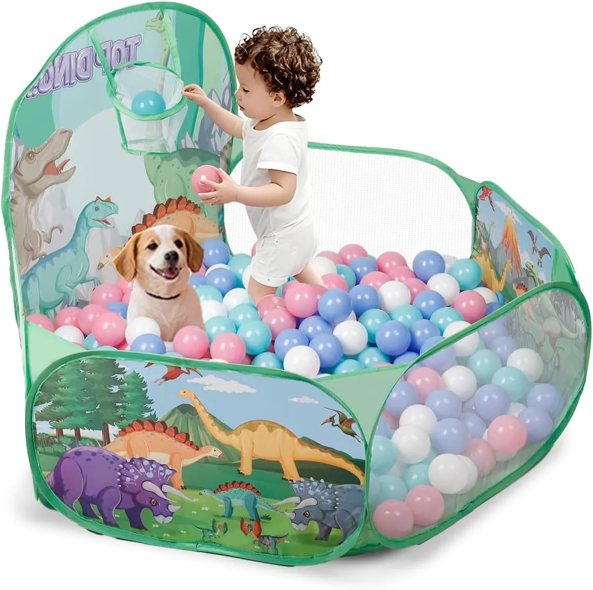 Dinosaur Kids Ball Pit for Toddler with Basketball Hoop Foldable Pop-Up Baby Ball Pool for Girls Boys Indoor & Outdoor Game 47.24"/120cm Wide Plyahouse Tent (Balls NOT Included)