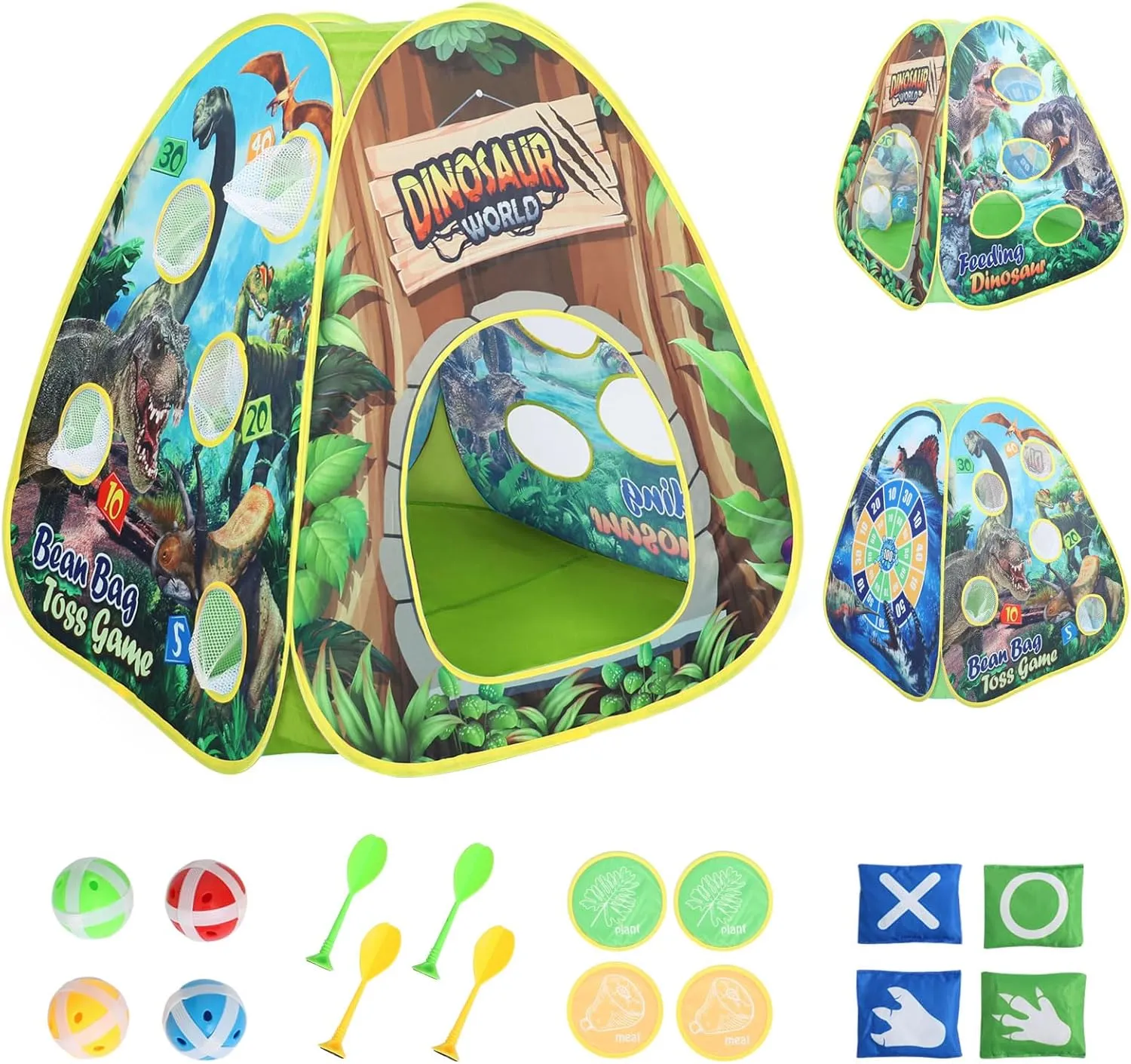 Dinosaur Kids Play Tent Indoor: Boys & Girls Playhouse Pop Up Tents Indoor Outdoor - 4in1 Dinosaur Tent with Velcro Dart Board & Bean Bag Toss Games