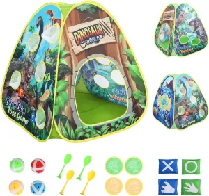 Dinosaur Kids Play Tent Indoor: Boys & Girls Playhouse Pop Up Tents Indoor Outdoor - 4in1 Dinosaur Tent with Velcro Dart Board & Bean Bag Toss Games