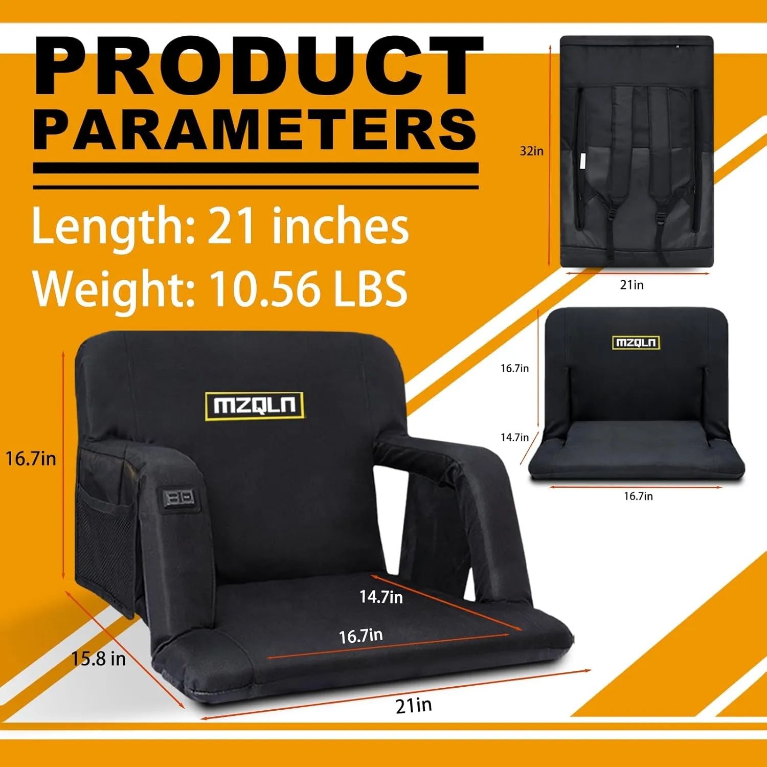 Double Heated Stadium Bleacher Seat, 21 Inche Folding Bleacher Cushion with 10000mAh Portable Power, 3 Levels of Heat, 6 Reclining Positions for Indoor Stadiums, Baseball Stadiums