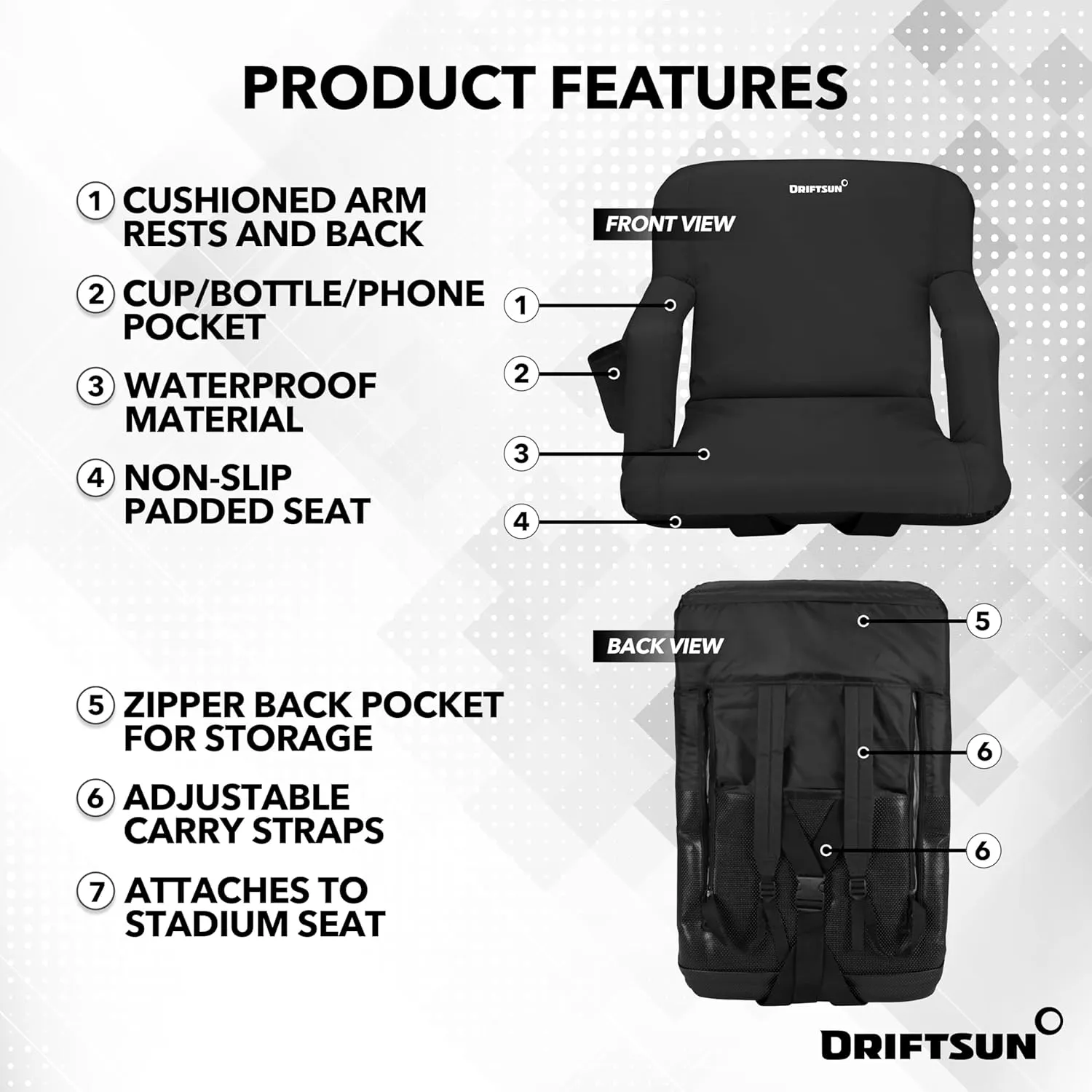 Driftsun Stadium Seats with Back Support, Deluxe Bleacher Chairs with Support Cushion, Padded Seats with Waterproof Chair