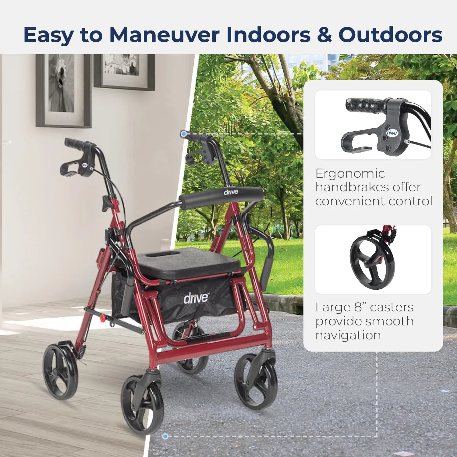 Drive Medical 795BU Duet Folding Transport Wheelchair and Rollator Walker, Burgundy