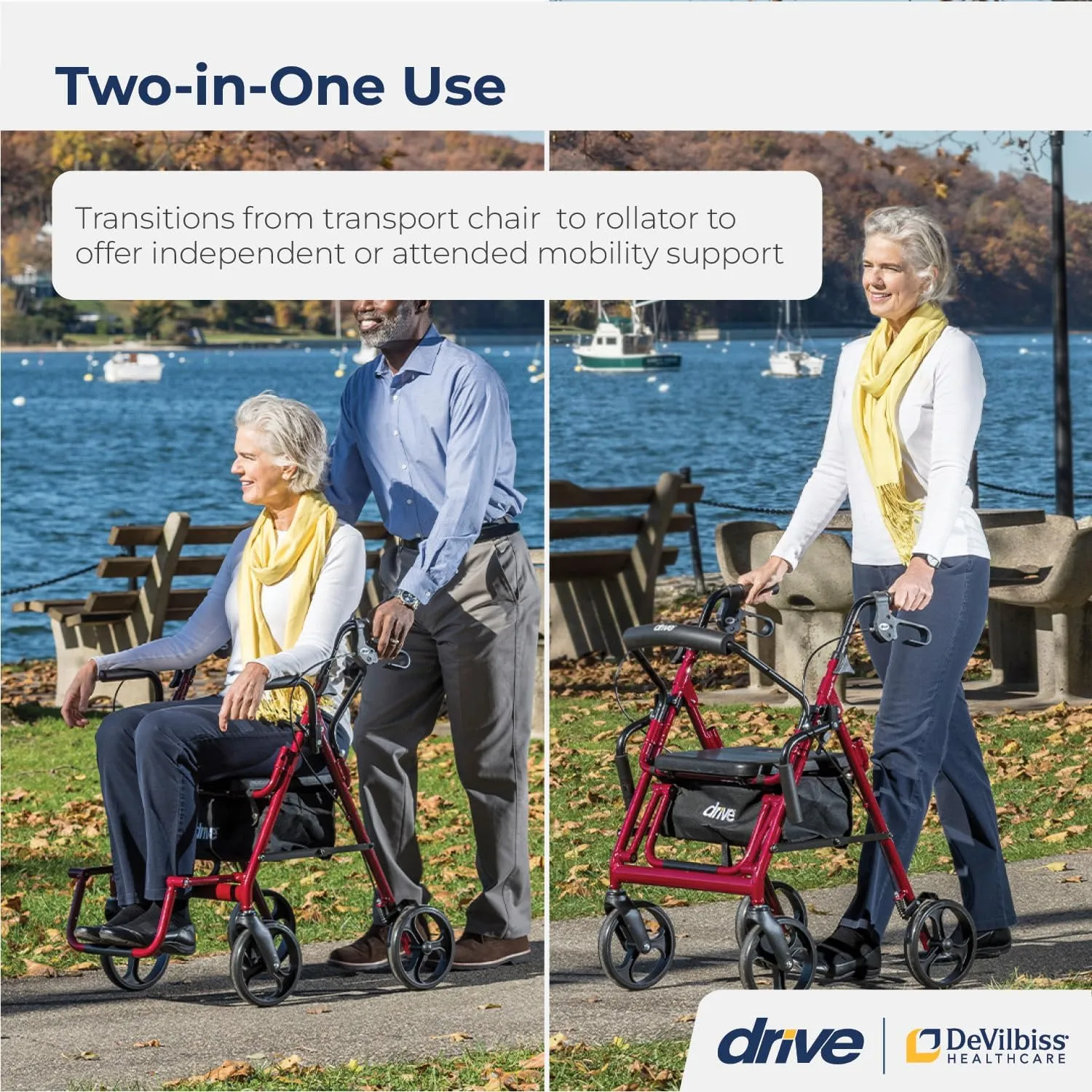 Drive Medical 795BU Duet Folding Transport Wheelchair and Rollator Walker, Burgundy