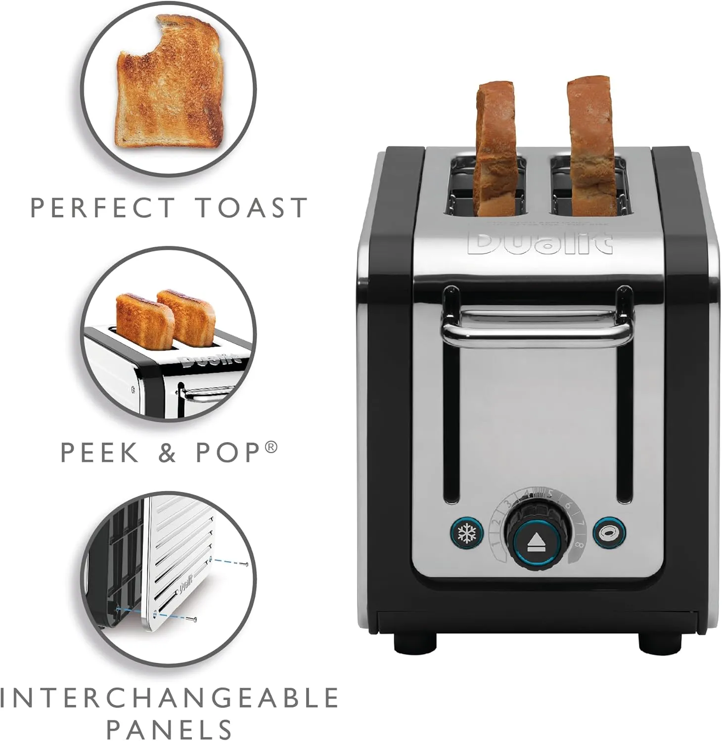 Dualit Design Series 2 Slice Toaster | Polished Stainless Steel with Black Trim | Extra-Wide Slots – Peek and Pop Function – Patented Perfect Toast Technology – Matching Kettle Available