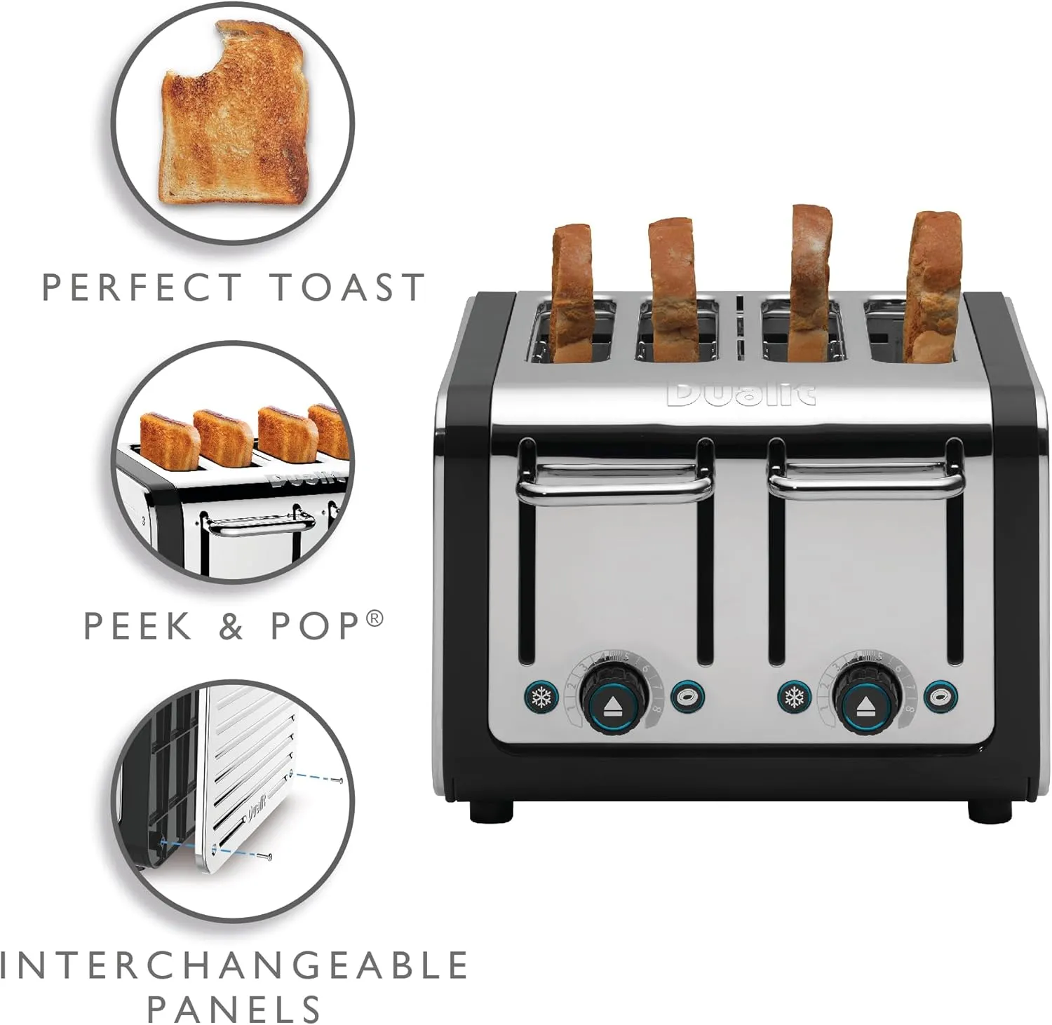 Dualit Design Series 4 Slice Toaster | Polished Stainless Steel with Black Trim | Extra-Wide Slots – Peek and Pop Function – Patented Perfect Toast Technology – Matching Kettle Available