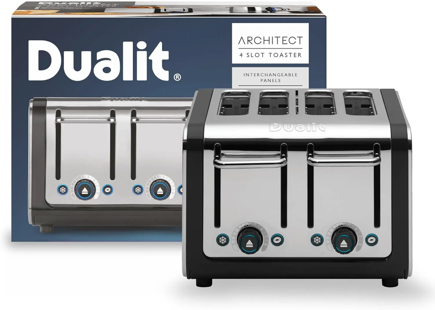 Dualit Design Series 4 Slice Toaster | Polished Stainless Steel with Black Trim | Extra-Wide Slots – Peek and Pop Function – Patented Perfect Toast Technology – Matching Kettle Available