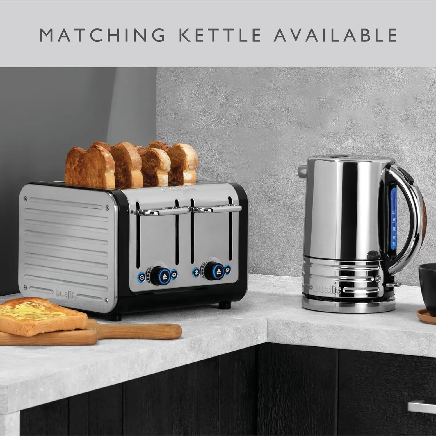 Dualit Design Series 4 Slice Toaster | Polished Stainless Steel with Black Trim | Extra-Wide Slots – Peek and Pop Function – Patented Perfect Toast Technology – Matching Kettle Available