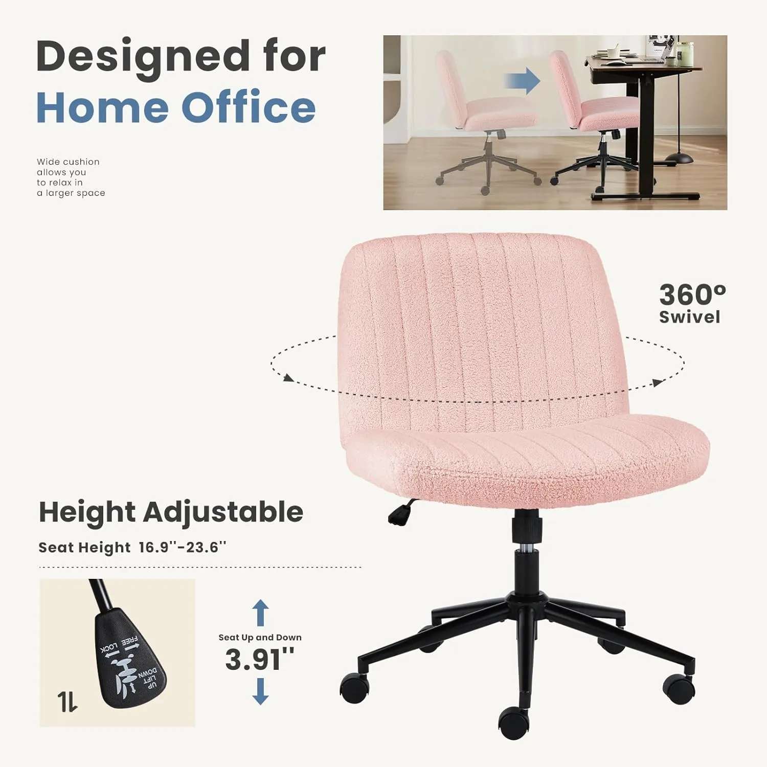 DUMOS Criss Cross Chair with Wheels, Legged Office Armless Wide Desk Seat with Dual-Purpose Base, Adjustable Swivel Teddy Fabric Task Vanity Home Bedroom, Pink