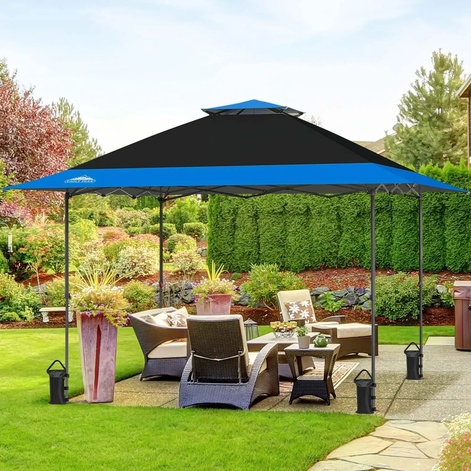 EAGLE PEAK 13x13 Straight Leg Pop Up Canopy Tent Instant Outdoor Canopy Easy Single Person Set up Folding Shelter w/Auto Extending Eaves 169 Square Feet of Shade (Black/Blue)