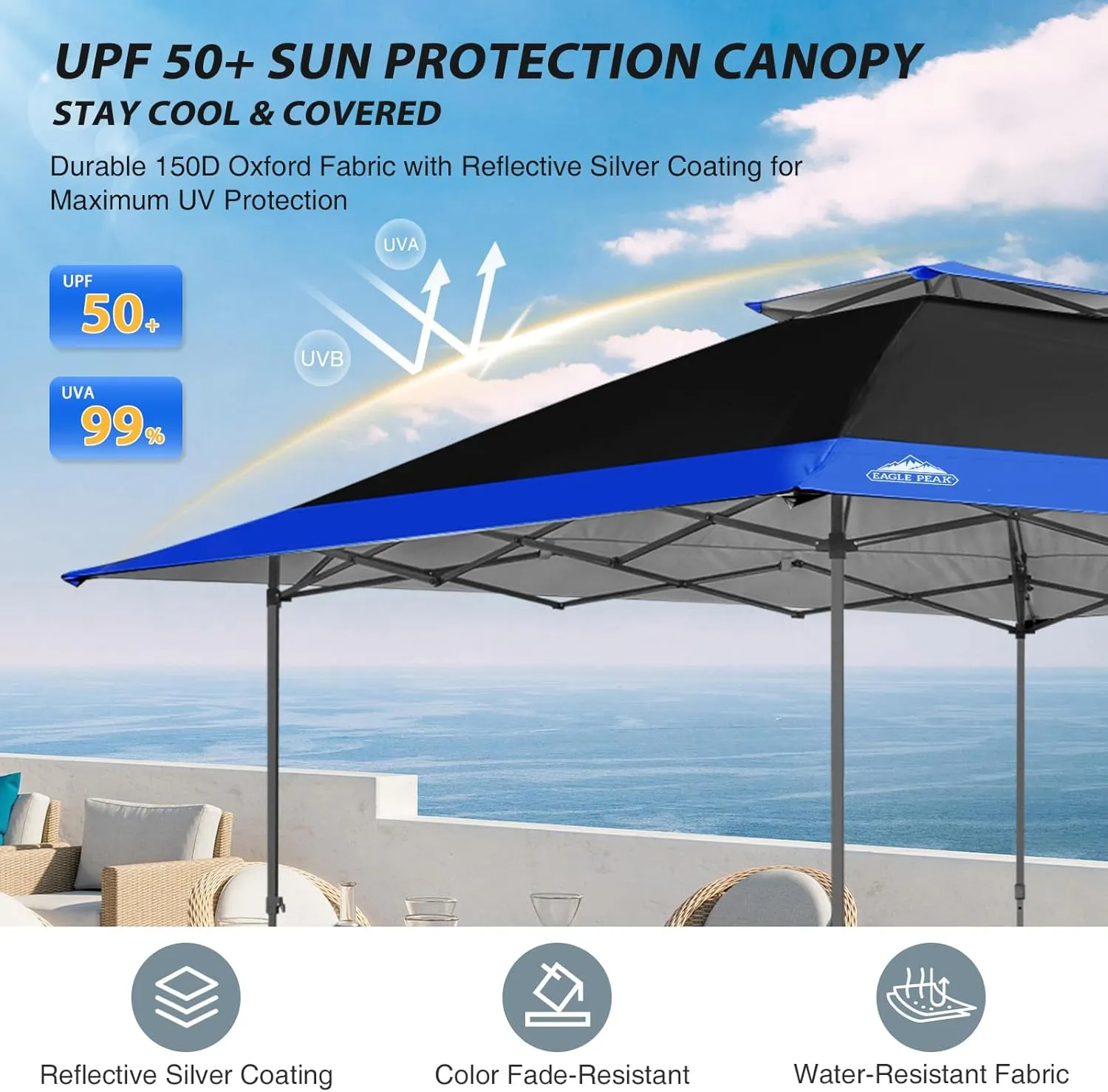 EAGLE PEAK 13x13 Straight Leg Pop Up Canopy Tent Instant Outdoor Canopy Easy Single Person Set up Folding Shelter w/Auto Extending Eaves 169 Square Feet of Shade (Black/Blue)