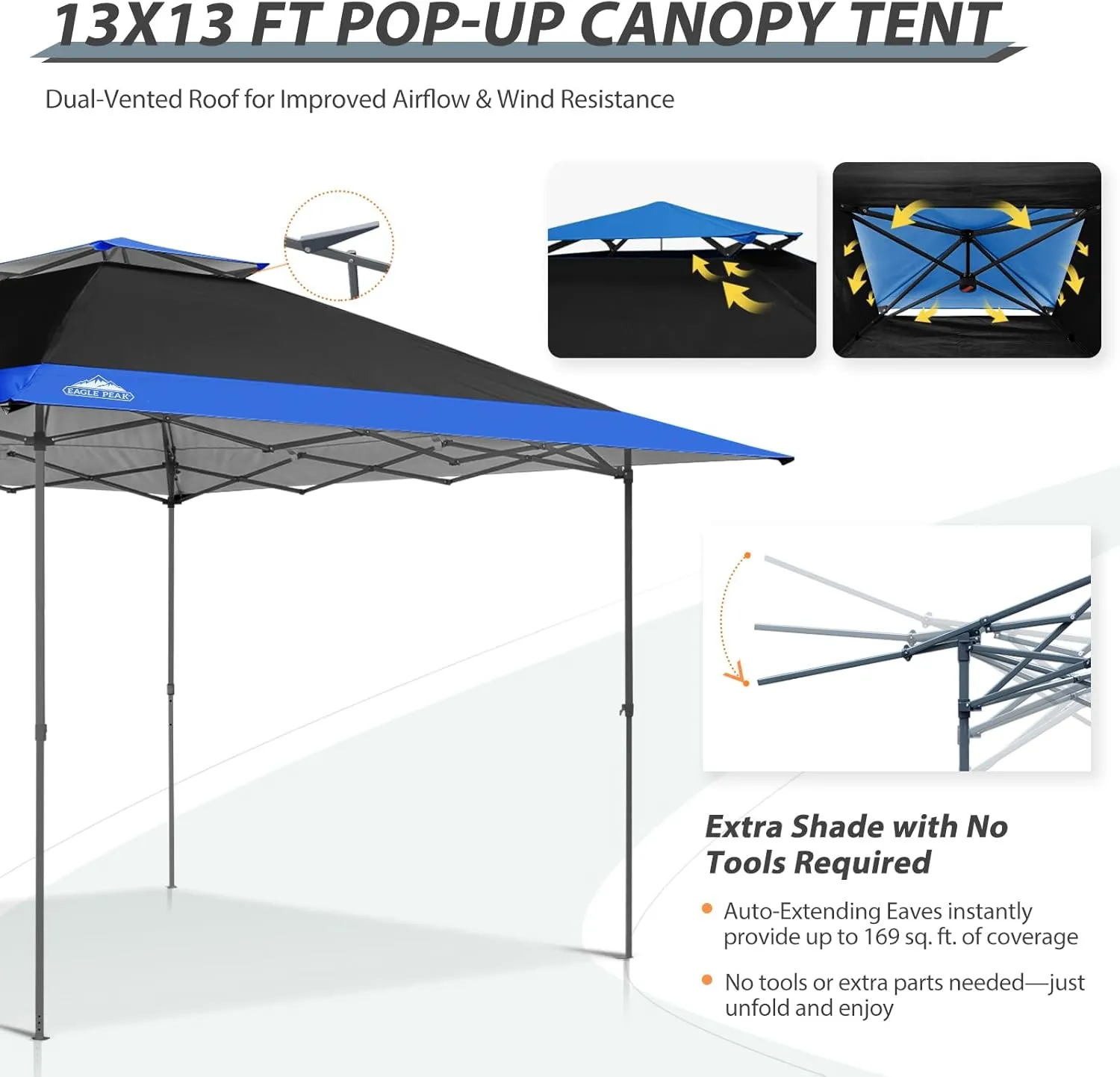 EAGLE PEAK 13x13 Straight Leg Pop Up Canopy Tent Instant Outdoor Canopy Easy Single Person Set up Folding Shelter w/Auto Extending Eaves 169 Square Feet of Shade (Black/Blue)