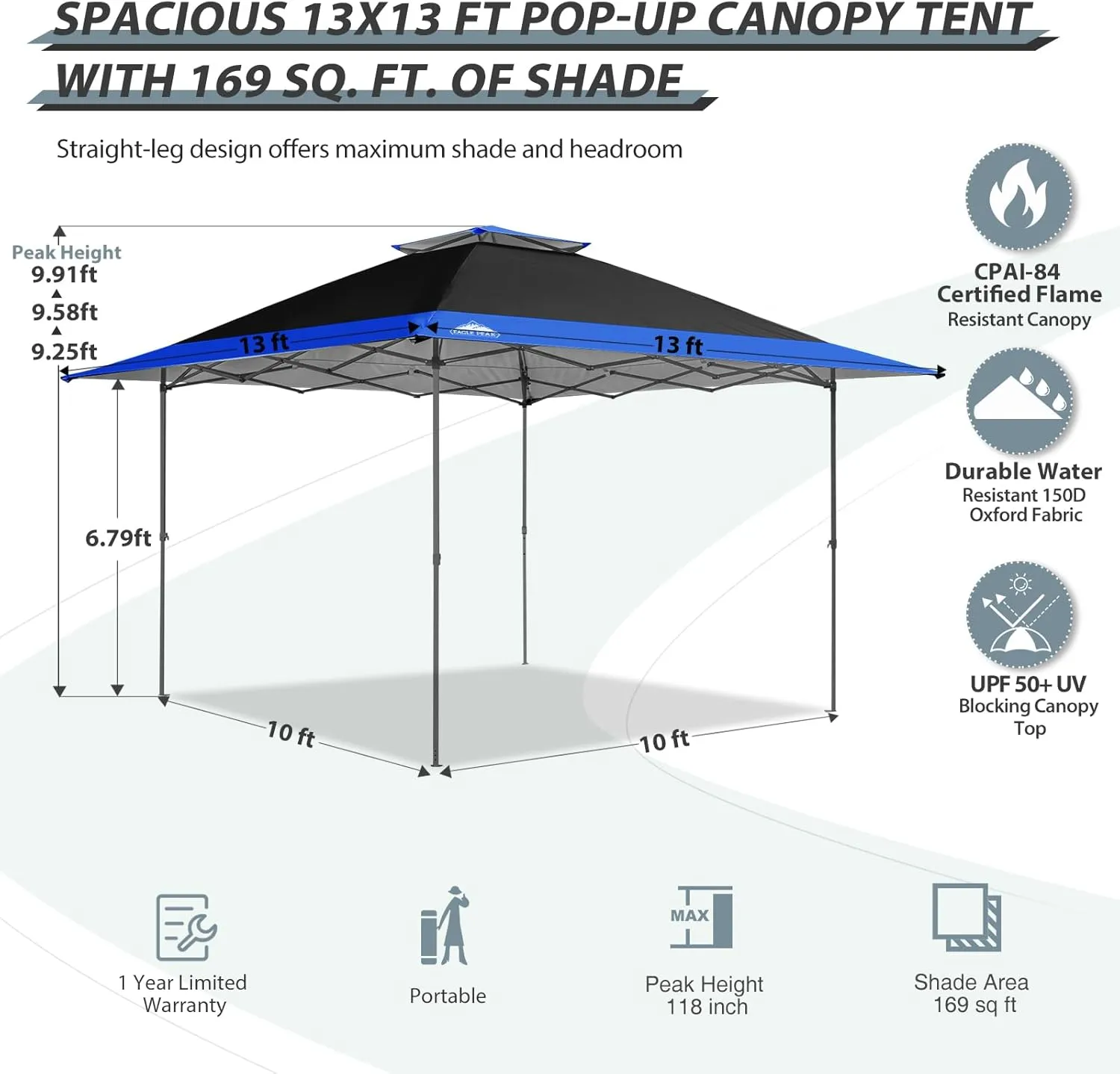 EAGLE PEAK 13x13 Straight Leg Pop Up Canopy Tent Instant Outdoor Canopy Easy Single Person Set up Folding Shelter w/Auto Extending Eaves 169 Square Feet of Shade (Black/Blue)