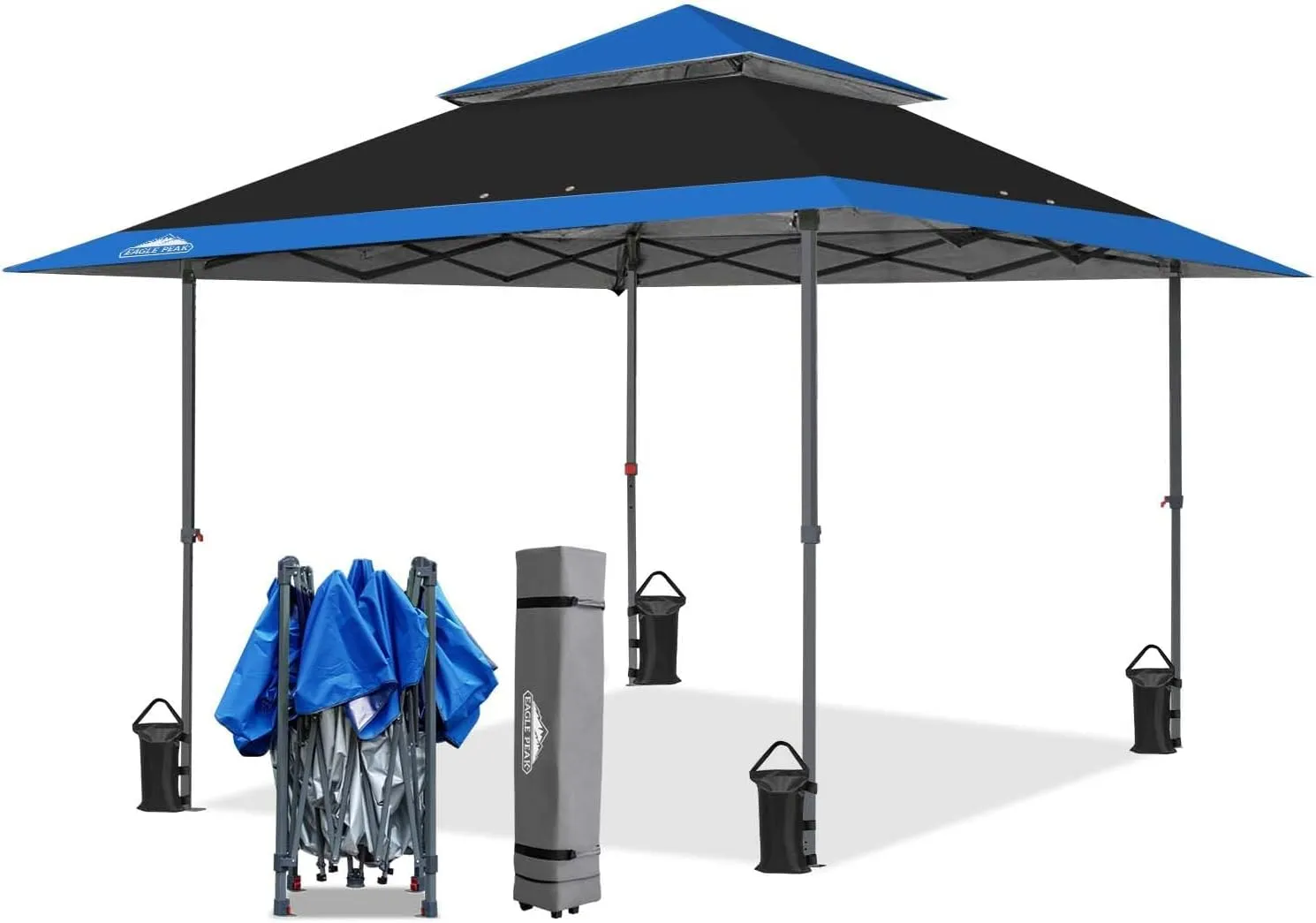 EAGLE PEAK 13x13 Straight Leg Pop Up Canopy Tent Instant Outdoor Canopy Easy Single Person Set up Folding Shelter w/Auto Extending Eaves 169 Square Feet of Shade (Black/Blue)