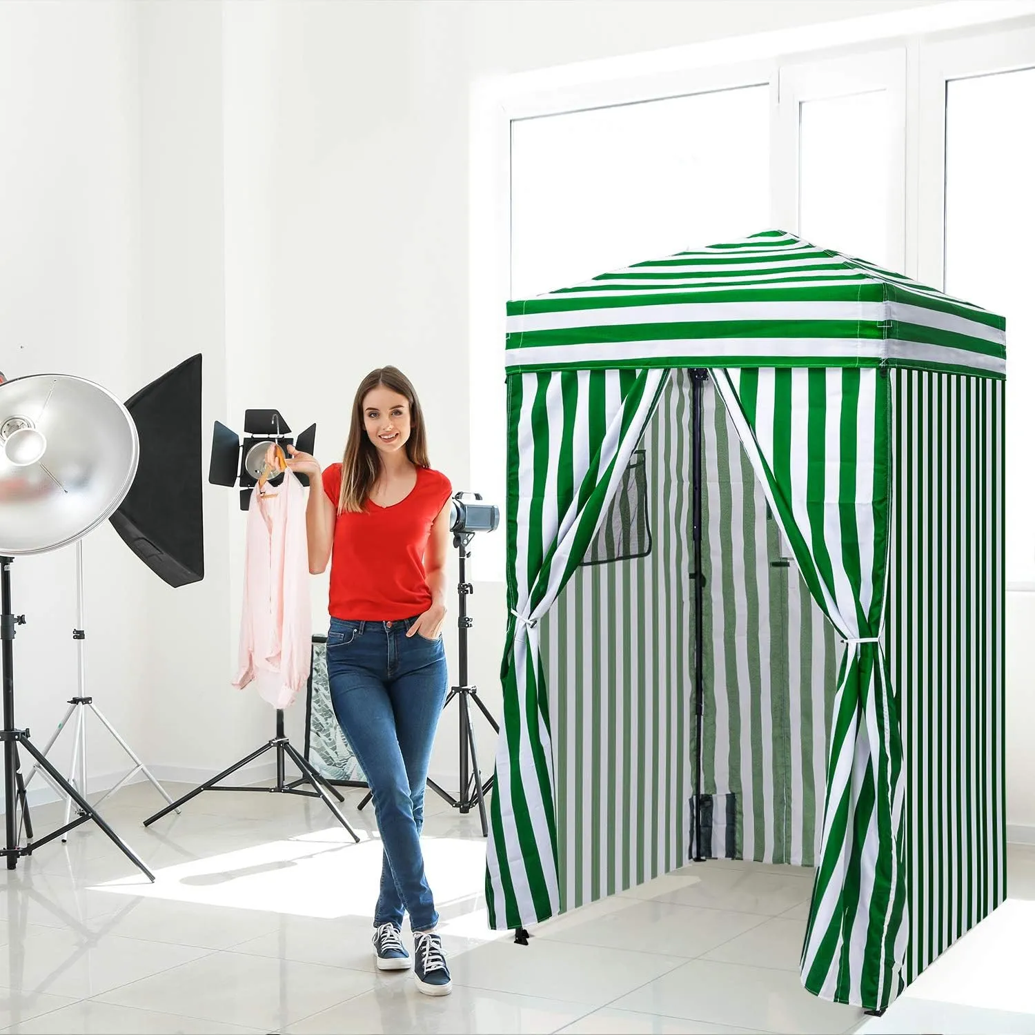 EAGLE PEAK Flex Ultra Compact 4x4 Pop-up Canopy, Sun Shelter, Changing Room, Portable Privacy Canopy Cabana for Pool, Fashion Photoshoots, or Camping, Green/White