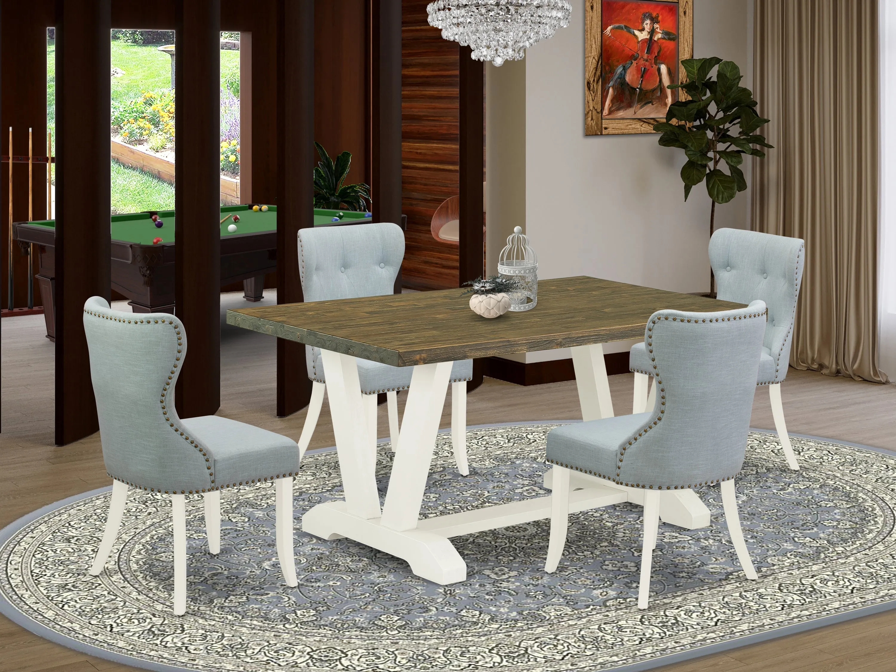 East West Furniture V076SI215-5 5 Piece Dining Room Furniture Set Includes a Rectangle Dining Table with V-Legs and 4 Baby Blue Linen Fabric Upholstered Chairs, 36x60 Inch, Multi-Color