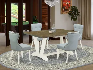 East West Furniture V076SI215-5 5 Piece Dining Room Furniture Set Includes a Rectangle Dining Table with V-Legs and 4 Baby Blue Linen Fabric Upholstered Chairs, 36x60 Inch, Multi-Color