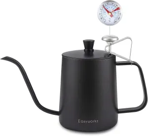 Easyworkz Gage Gooseneck Pour Over Coffee Kettle 20 oz with Thermometer Stainless Steel Hand Drip Coffee Pot With Long Narrow Spout