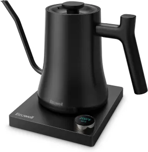Ecowell WMTS01 Gooseneck Electric Kettle, 0.8L Stainless Steel Electric Tea Kettle with ±1℉ Precision Temperature Control, 1200W Fast Boiling Water Kettle with Auto Shut-Off & Keep Warm, Matte Black