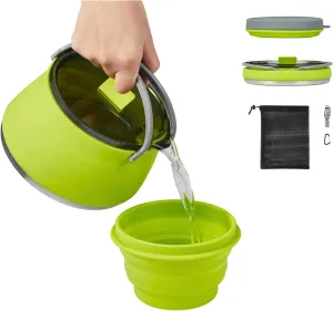 EEZEE 1L Collapsible Camping Kettle Portable Travel Kettle Folding Silicone Camping Cook Pot Foldable Compact Hiking Water Boiler and Warmer with Lid BPA-Free Backpacking Pot
