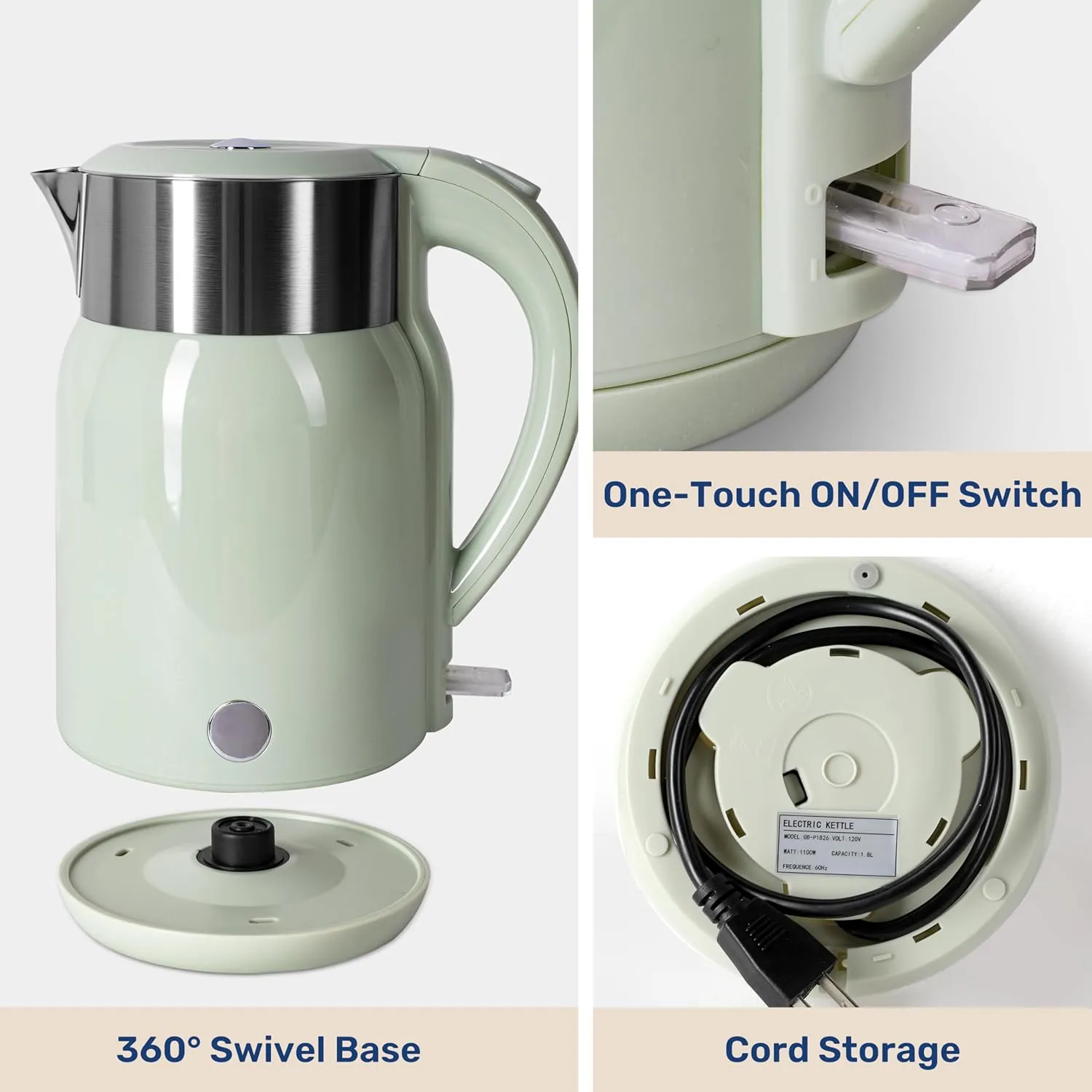Electric Kettle, 1.8 Liter 1100W, BPA Free Fast Boiling Cordless Water Boiler, Auto Shut-Off and Boil Dry Protection, Easy Clean Wide Opening, Cool Touch Handle, 360° Rotation, Mint green