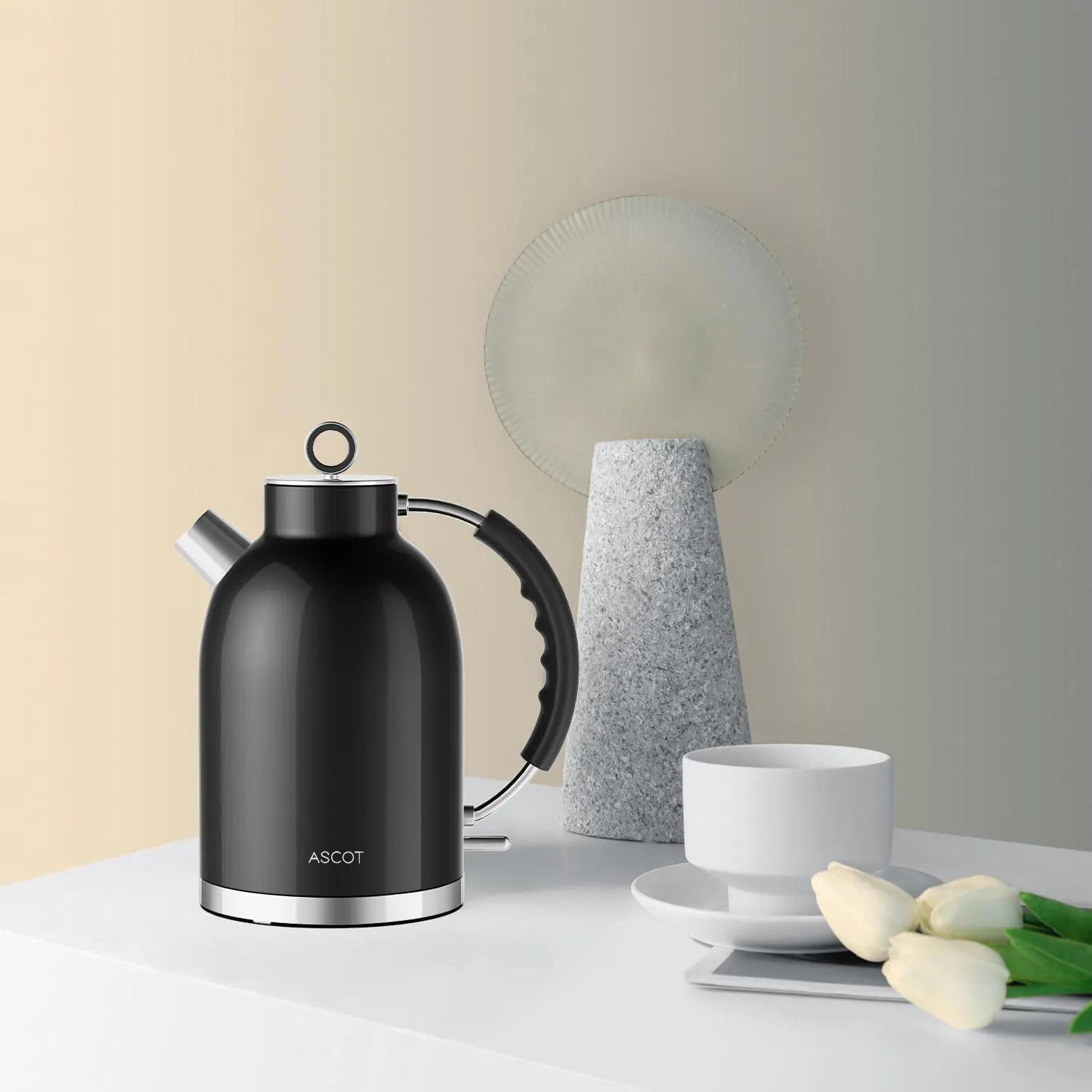 Electric Kettle ASCOT, Tea Kettle Hot Water Kettle Stainless Steel Kettle 1.5L 1500W Retro Tea Heater & Boiling Water, Auto Shut-Off and Boil-Dry Protection(Polished Black)