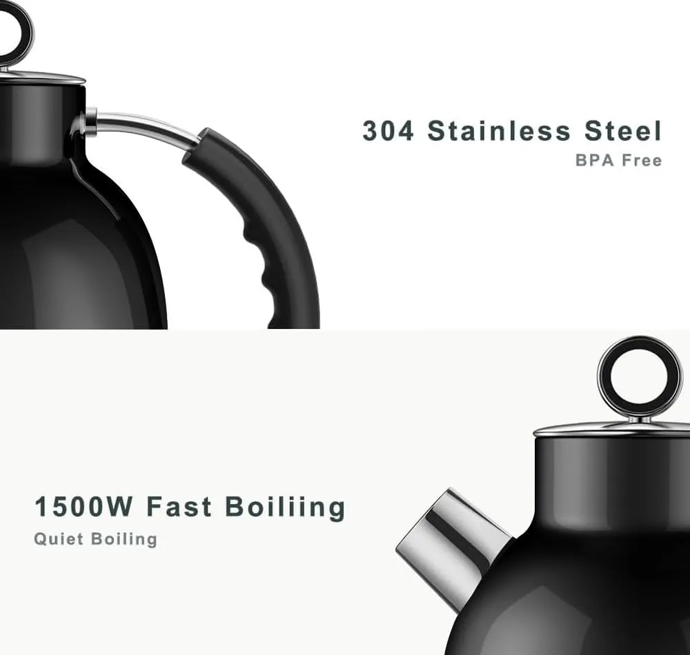 Electric Kettle ASCOT, Tea Kettle Hot Water Kettle Stainless Steel Kettle 1.5L 1500W Retro Tea Heater & Boiling Water, Auto Shut-Off and Boil-Dry Protection(Polished Black)