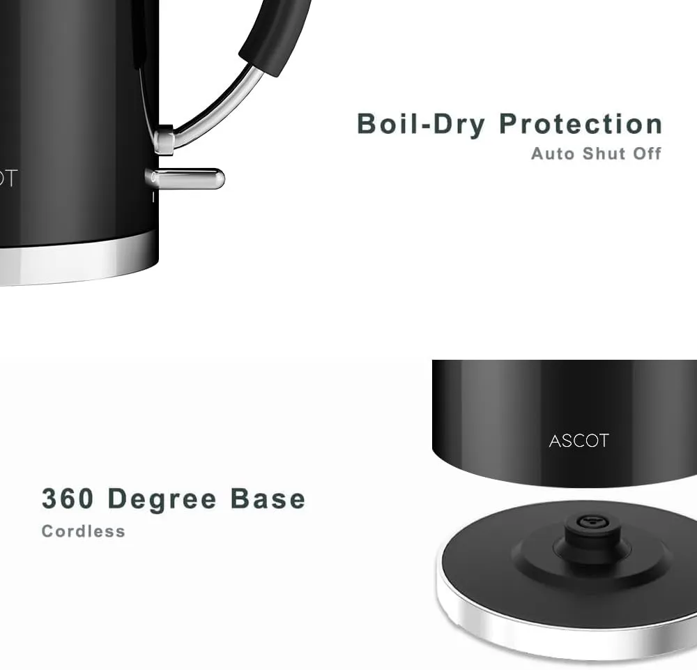 Electric Kettle ASCOT, Tea Kettle Hot Water Kettle Stainless Steel Kettle 1.5L 1500W Retro Tea Heater & Boiling Water, Auto Shut-Off and Boil-Dry Protection(Polished Black)